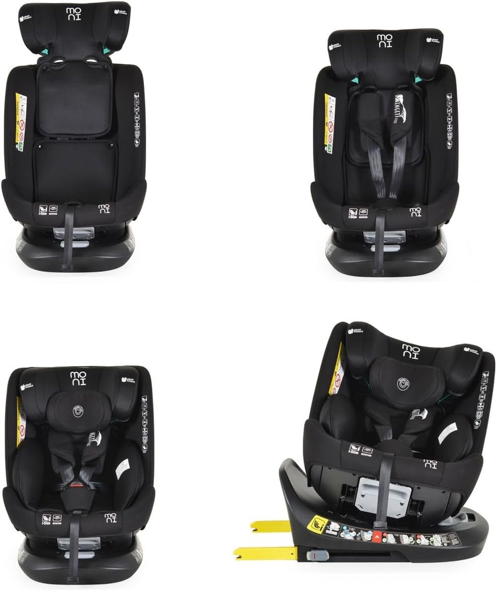 Moni i-Size Serengeti Car Seat showing various views including front, top, side with rotation, and side with recline.