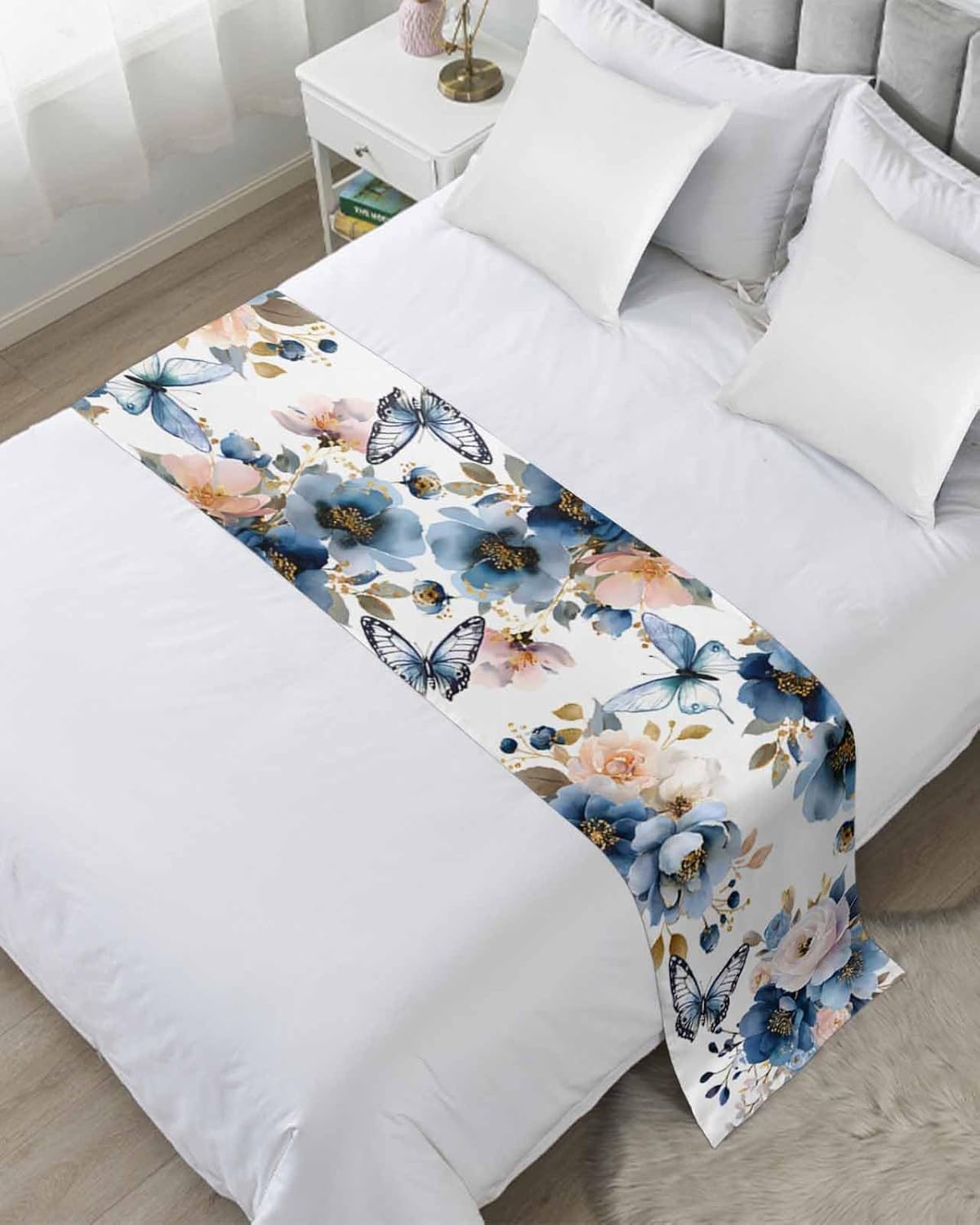 Vintage Blue Floral Bed Runner Scarf King Size, Farmhouse Watercolor Flower Butterflies Luxury Bed Throw Runners & Scarves for Twin Full Queen King Foot of Beds, Bedroom Hotel Decoration, 94"x20"