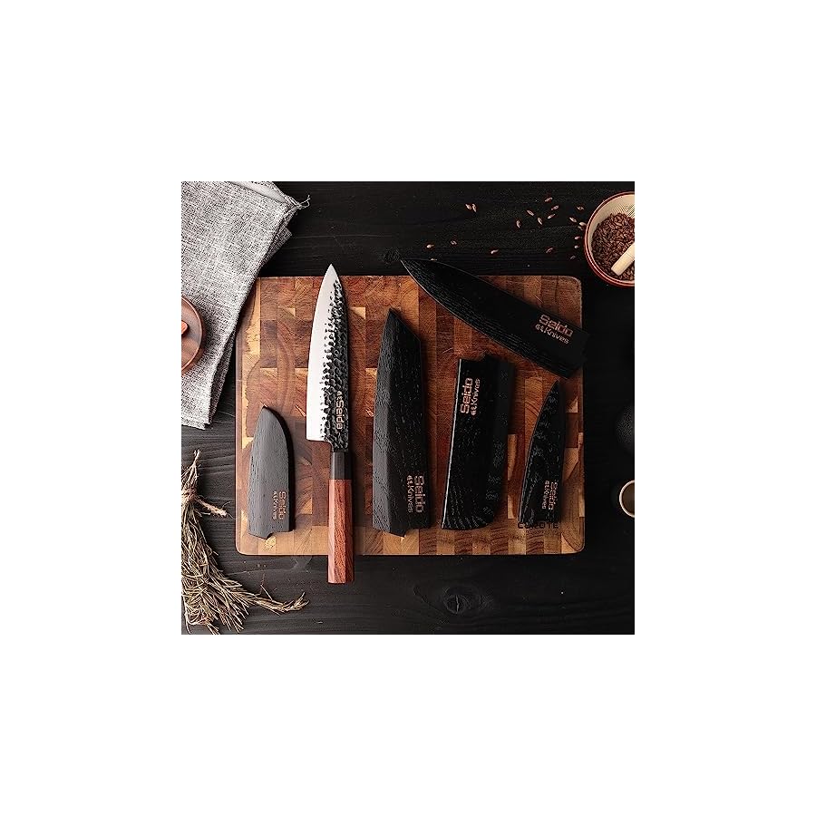 Seido Knives Hageshi AUS10 Knife Set - 5-Piece with Carbon Magnetic Covers, Ergonomic Ebony Wood Handle, Full Tang