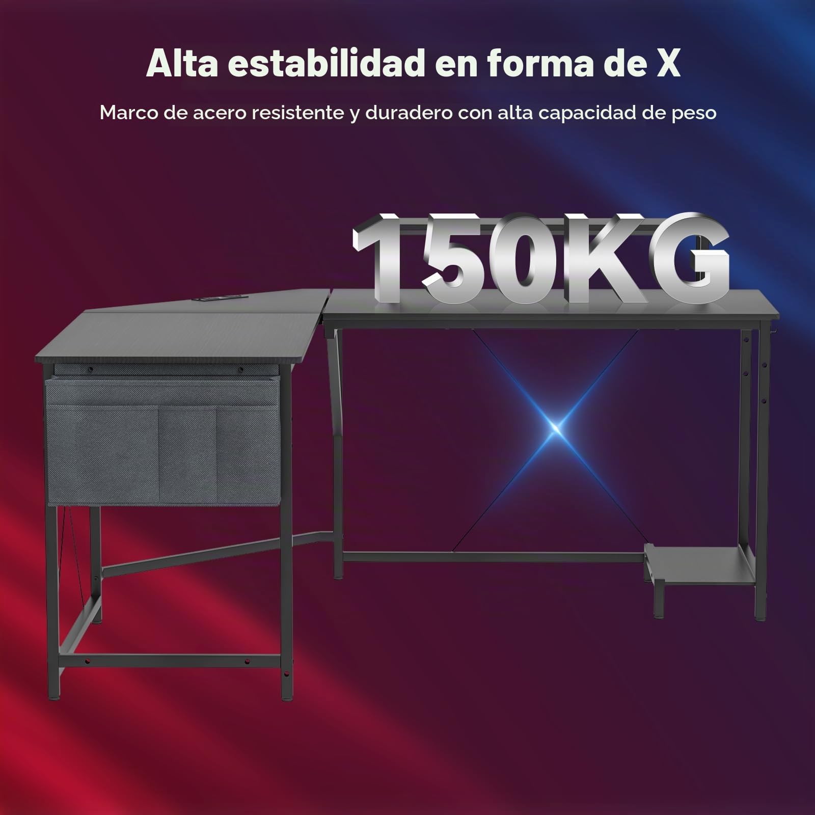 Mesa de juegos con función de carga, escritorio en forma de L, escritorio de esquina para oficina, para ordenador, 160 x 135 cm, con soporte para monitor, ahorra espacio, fácil de, Negro