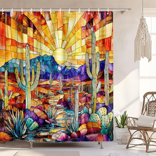 Western Cactus Southwest Shower Curtain, Rustic Boho...