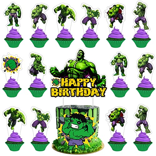 25pcs Green Hero Cake Decorations with 1pcs Cake Topper 24pcs Cupcake Toppers for Green Hero Birthday Party Supplies