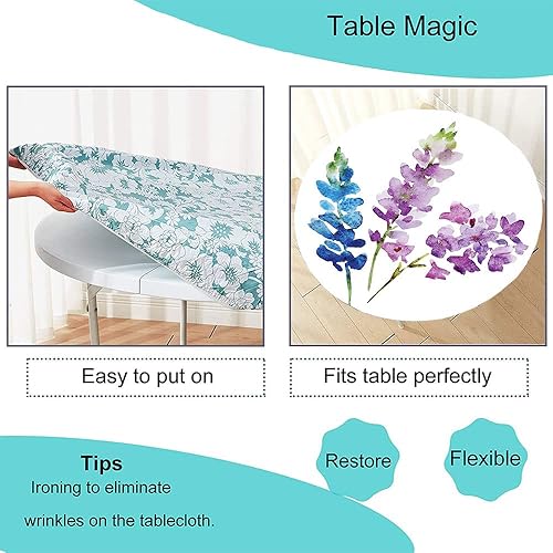 Miniatura 5 de Mantel redondo floral con borde elástico, ramas de flores de acuarela en tonos primaverales, ramo de lavanda y violeta, para mesas de comedor,