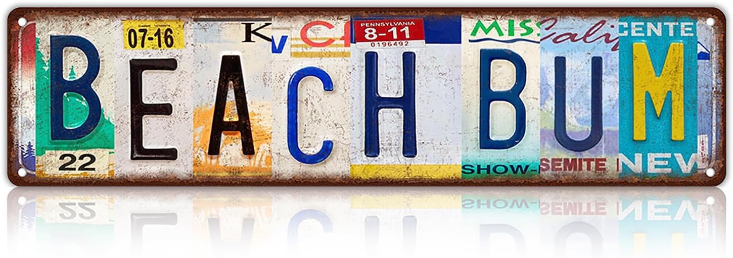 Peiyeety A010 Vintage Metal Tin Sign Beach Bum Vintage Sign, Retro Wall Decor For Home, Bar, Garage, Cafe, Man Cave, Beach House, Travel Room, Rustic Wall Art For Indoor And Outdoor Decoration, 4X16 Inch