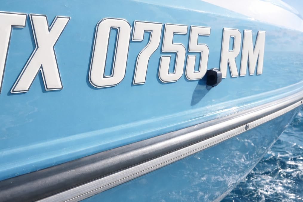 Boat Registration Numbers and Letters Domed 3D Finish Modern Sleek Font Style (White Center/Chrome Outline)