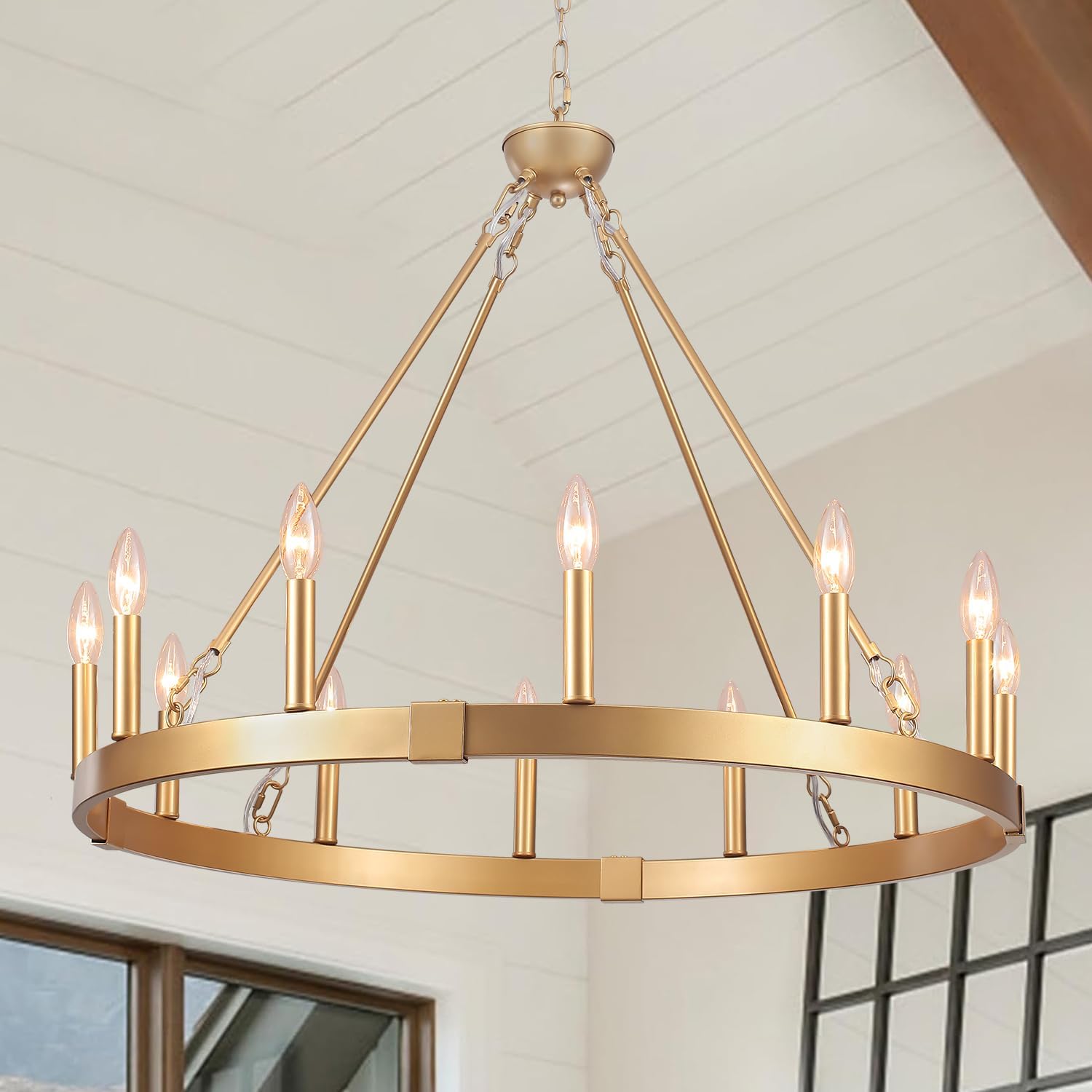 31.5" 12-Light Gold Wagon Wheel Chandelier, Gold Farmhouse Chandeliers for Dining Room Living Room Foyer Entryway Kitchen Island Gold 12 Light
