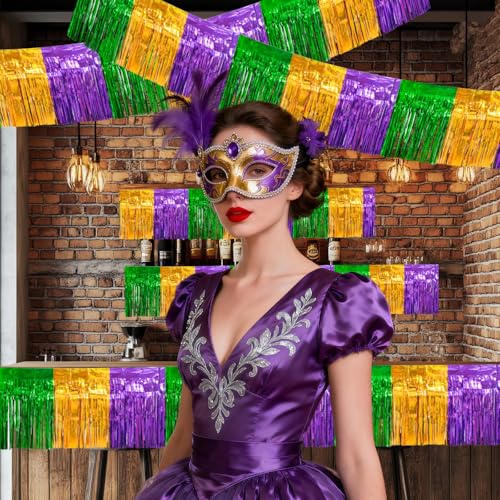 Image of 4 Packs 10 Feet Long Foil Fringe Mardi Gras Garland Green Gold Purple Tinsel Metallic Streamers Wall Hanging Birthday Backdrop Banner for Carnaval Car Parade Floats Streamer Decorations