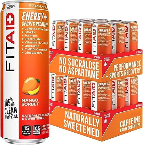 FITAID ENERGY, 105mg Natural Caffeine, Keto, Mango Sorbet, Optimum Performance Formula: Paleo, Vegan & Gluten-Free 355ml cans (Pack of 24)