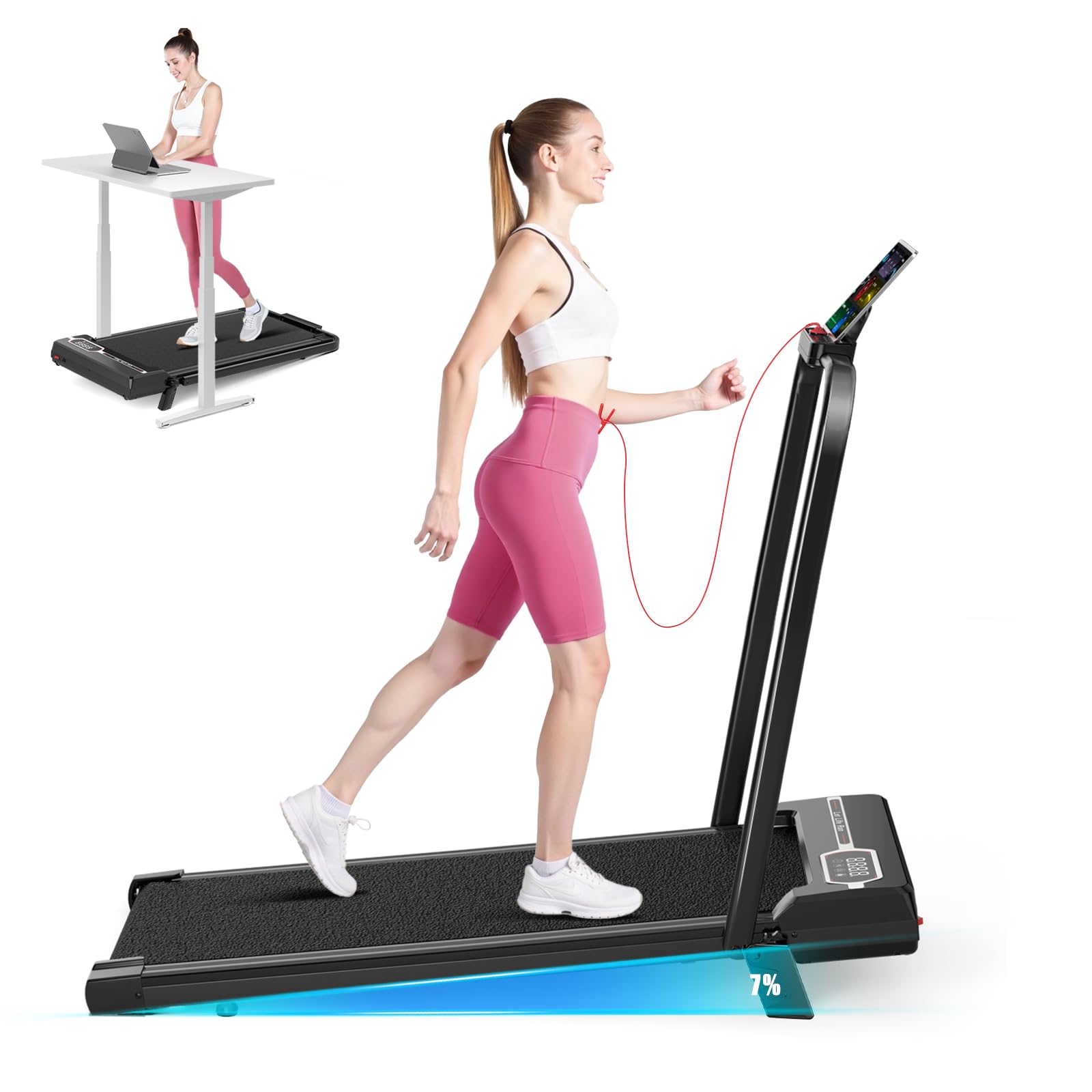 bigzzia Folding Treadmill for Home, Walking Pad with Incline and Handle, 1-8km/h, 2.5HP Electric Treadmill Under Desk with Remote Control & LED Display, 130kg Capacity (Black - Classic)