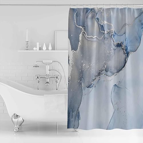 Miniatura 3 de Cortina de ducha de mármol, cortinas de ducha estándar azul y gris para bañobañera, pintura de tinta de acuarela, arte abstracto, juego de cortina