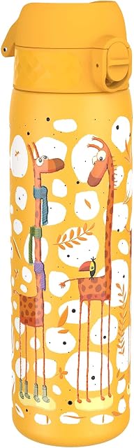 Ion8 Leak Proof Slim Water Bottle, Stainless Steel, Giraffes, 600 ml 20 oz