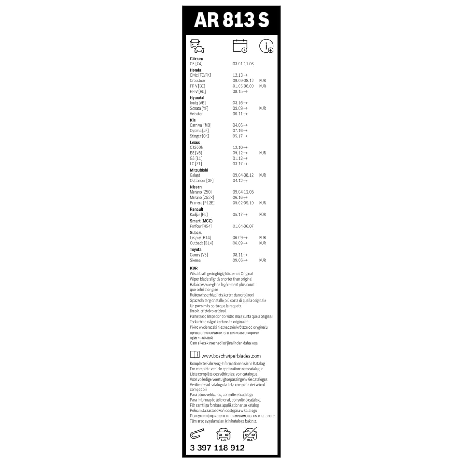 Bosch Aerotwin AR 813 S Tergicristallo Anteriore, 1 Tergicristallo di Ricambio, con Adattatore Preassemblato, 650 mm/ 450 mm