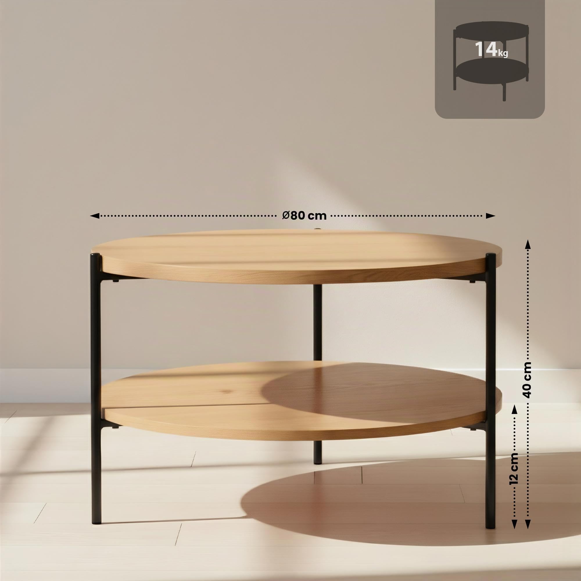 CLP Mesa de Centro Redonda de Madera Edduma, Mesa de sofá de 2 Niveles con Almacenamiento, pequeña Mesa Auxiliar con Estructura de Metal Negra, Color:Natura, Tamaño:Ø 80 cm