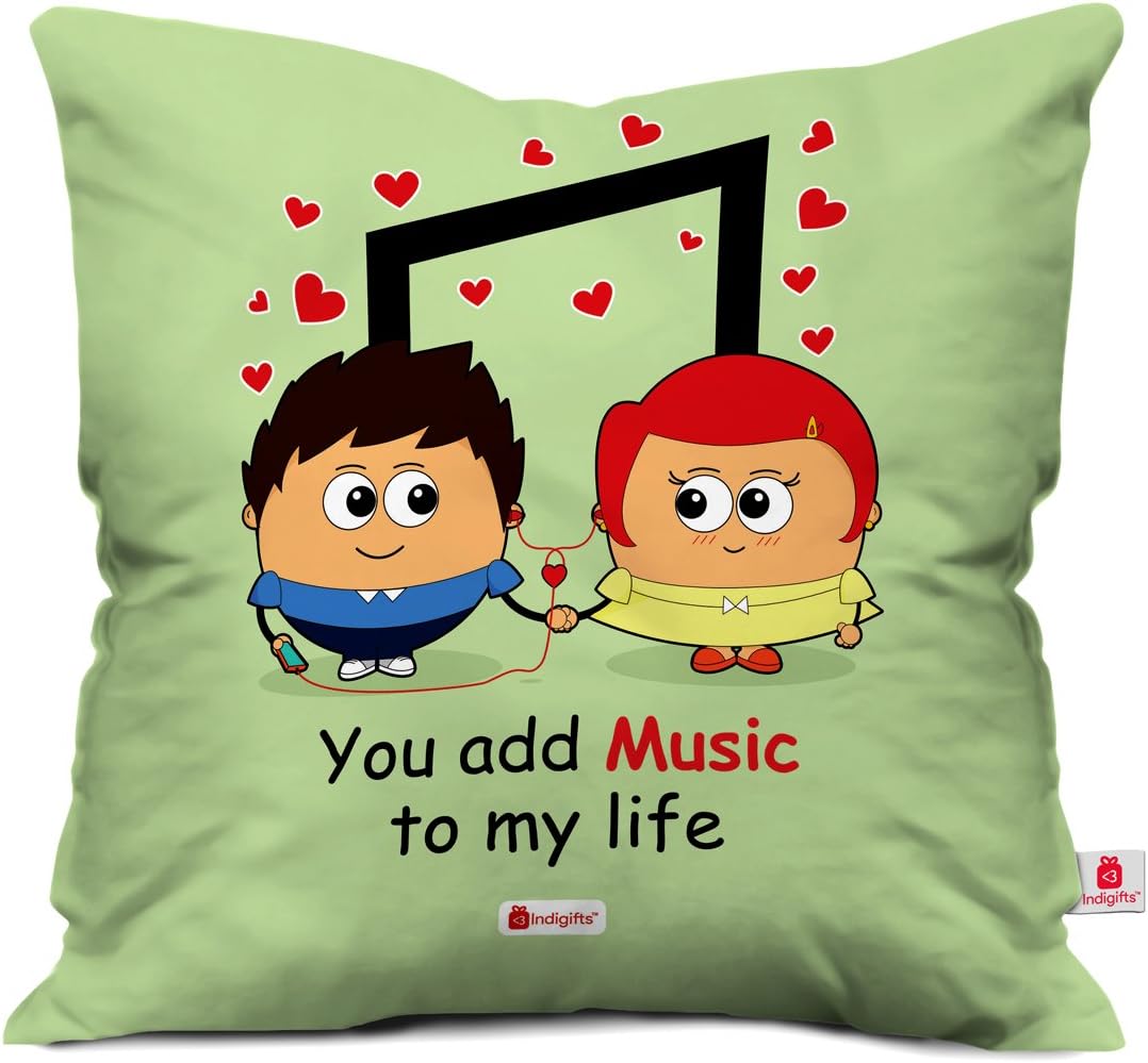 indibni Valentine Cushion Cover You Add Music to My Life Quote Printed Green 18"x18" Throw Pillow Cover, Home&Décor, Love Gifts for Girlfriend,Boyfriend