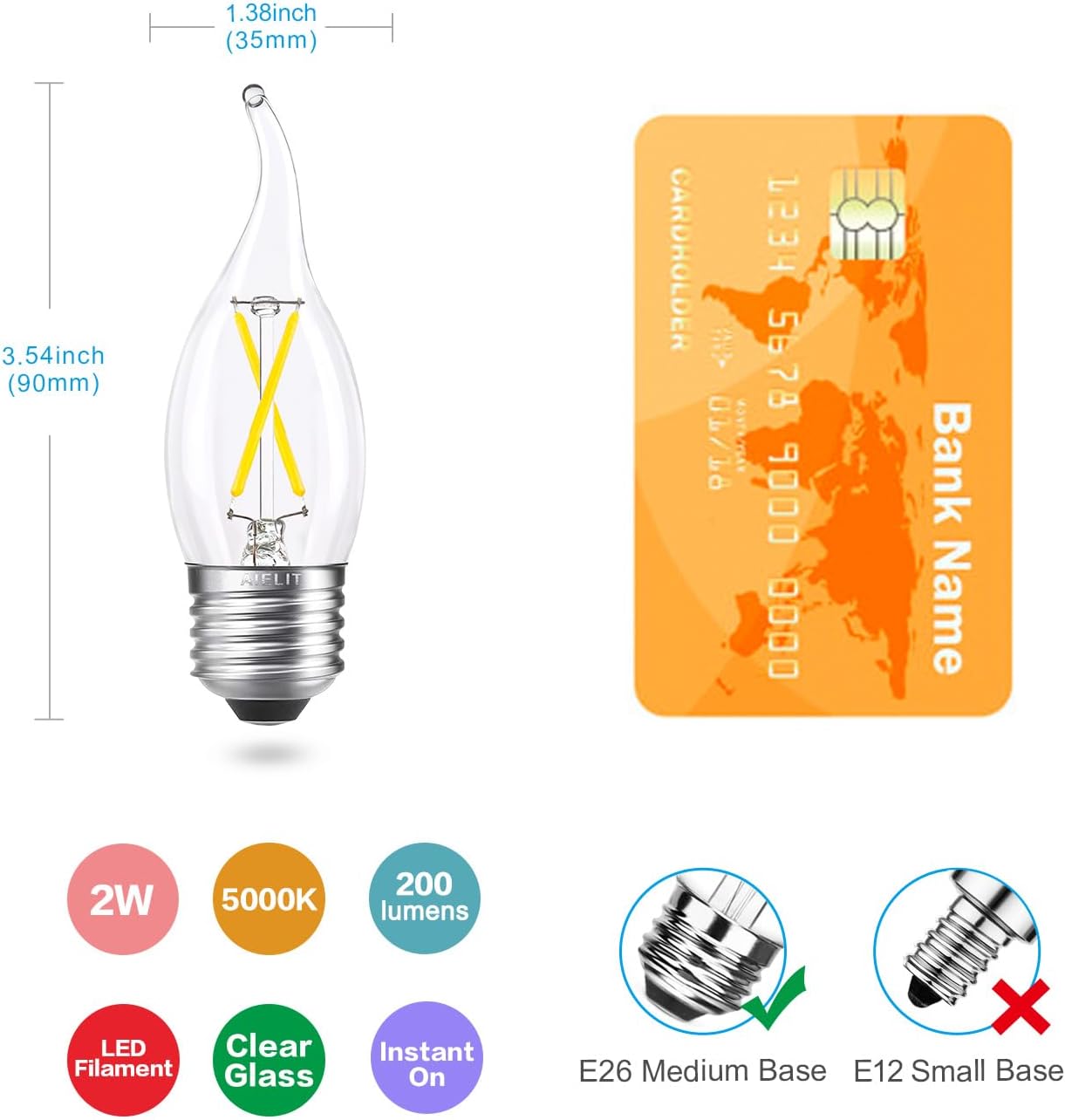 Dimmable E26 LED Light Bulb 25W Equivalent, Daylight White 5000K, Chandelier Candle Light Bulbs, Energy Efficient 2W, 200lm Flame Tip CA10 LED Candelabra Bulb for Pendant Wall Sconce, 4 Pack