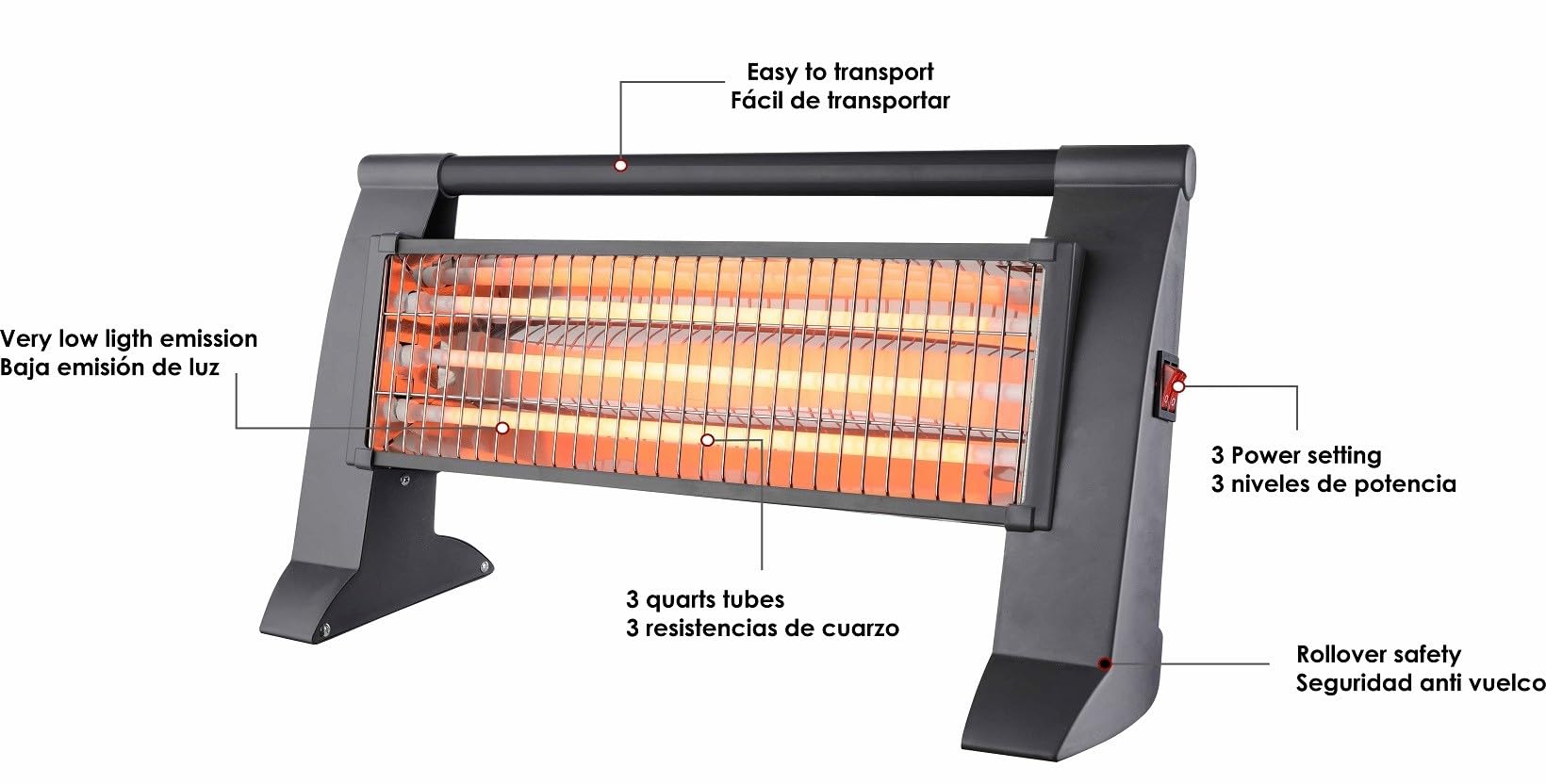Poêle à quartz 400/800/1200W, anti-renversement, gris