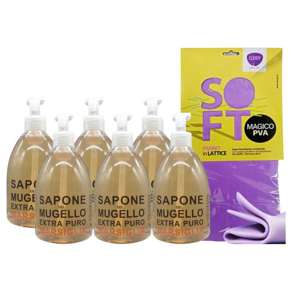 Sapone Extra Puro,MARSIGLIA, Per Mani, Viso e Corpo, Con Estratto Biologico Di Foglia Di Olivo 500ml + Panno SOFT In Lattice, Formato 30x30cm (6 Unità + Panno)