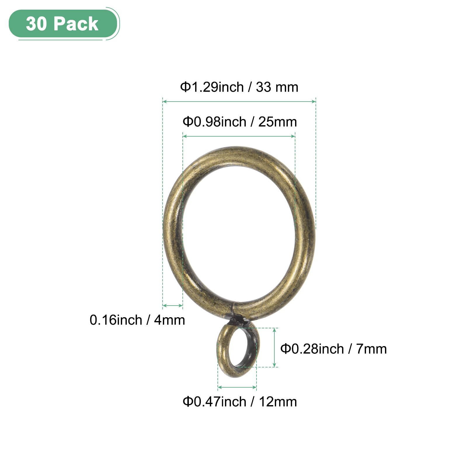 M METERXITY 30-Pack Green Bronze Curtain Rings with Eyelet, Rustproof Metal Rings for Curtain Rods 25 mm Interior Diameter - Image 3