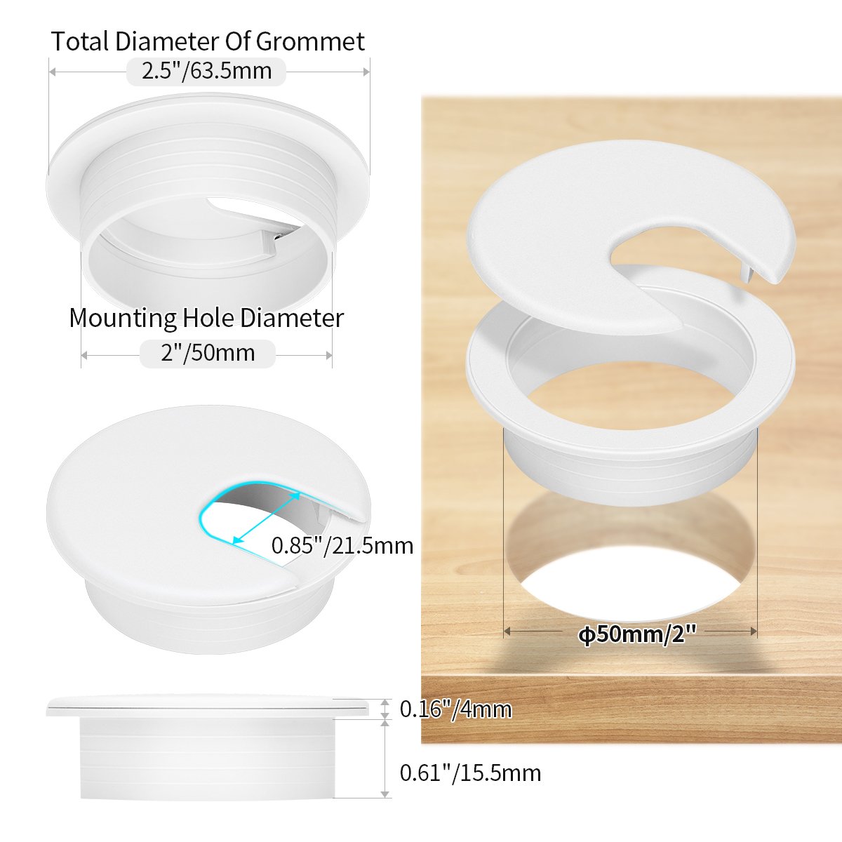 Photo 1 of 10 Pack 2 Inch White Desk Grommet for Wires Cords-Plastic