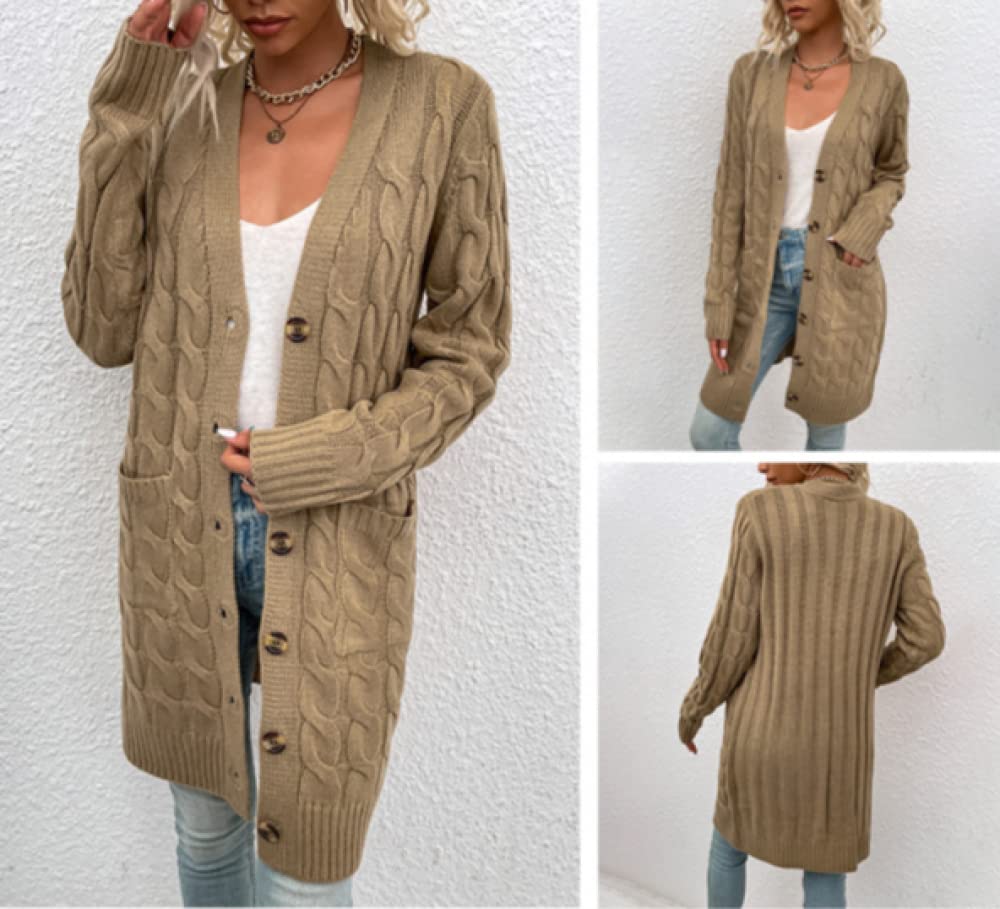 Strickjacke Damen,Dicke Strickjacken Für Damen Langer Abschnitt Knöpfe Strickmantel Einfarbig Braun Langarm Strickjacke Strickjacke Für Damen Taschenpullover Winterjacke,L