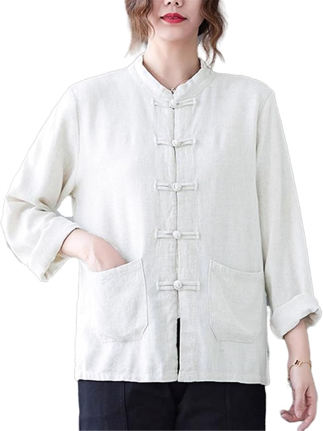 Women's Chinese-Style Tang Suit with Retro Disk Button Shirt-White-X-Small
