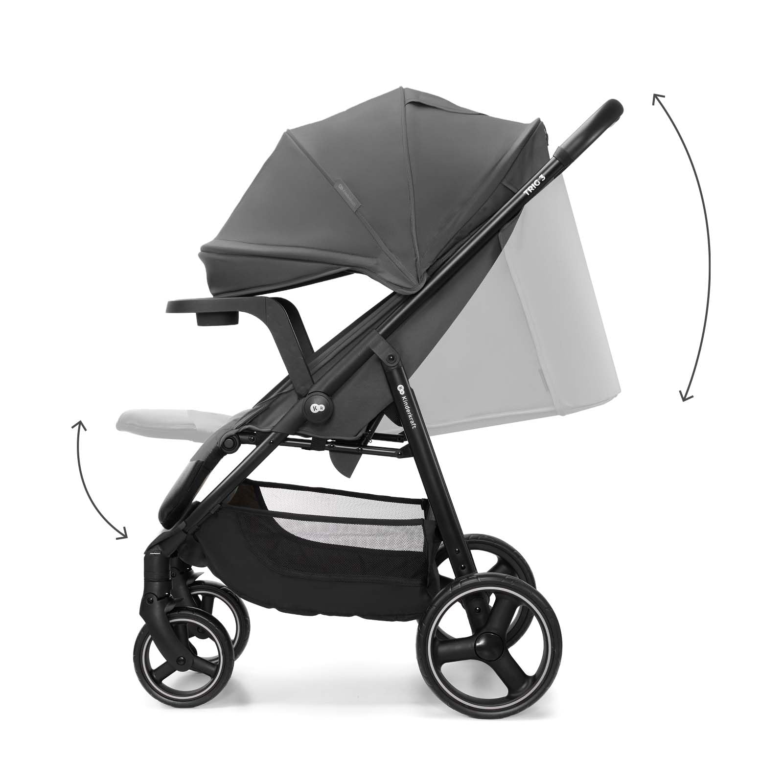 Kinderkraft TRIG 3 con vassoio, Passeggino 22 kg, CLICK & FOLD, Grigio