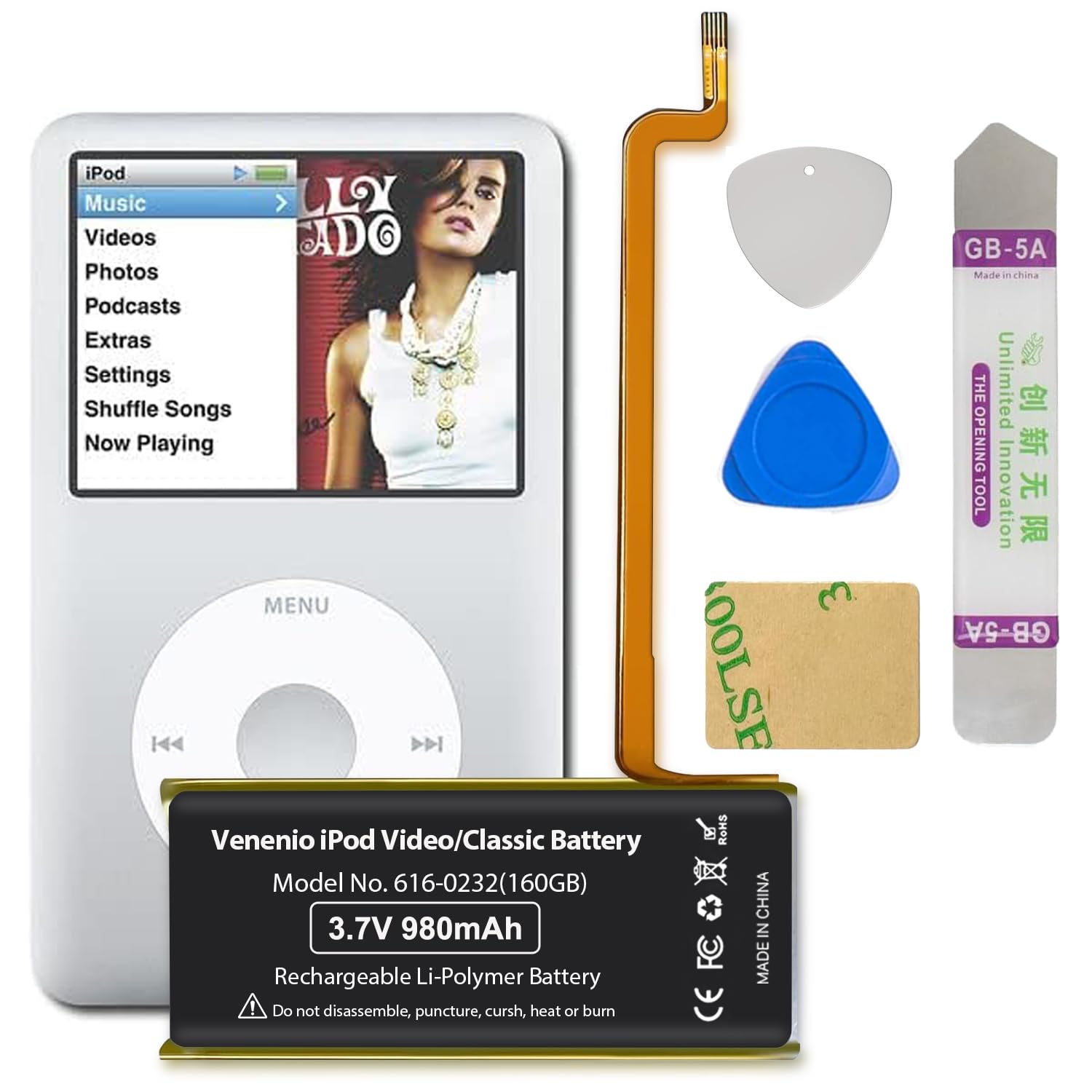 616-0232 for iPod Battery 980mAh, High Capacity Replacement Battery Compatible with iPod 5th - 7th Generation Video Classic A1136, A1238 7th 160GB 5th 30GB with Repair Tool Kit