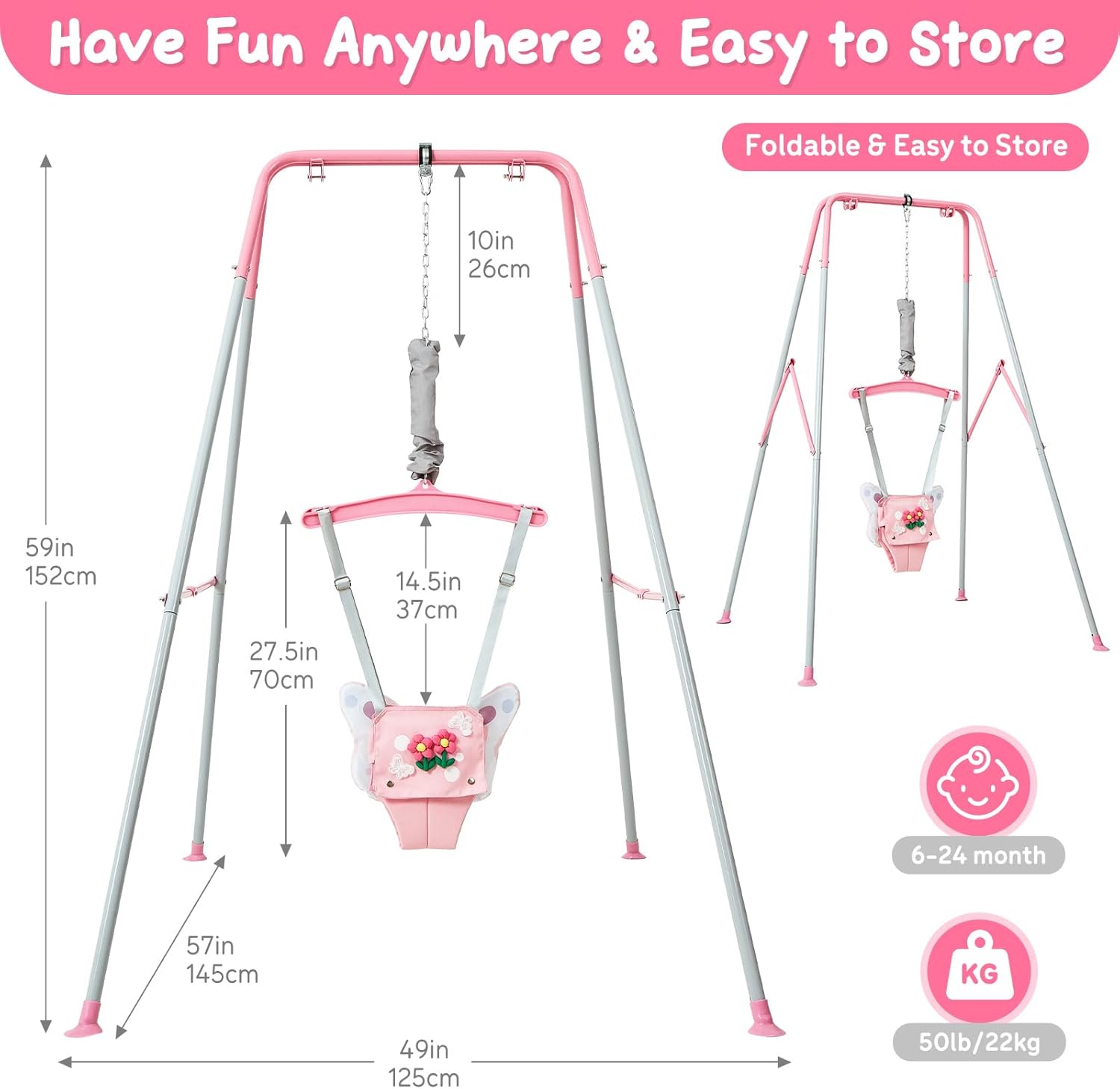 FUNLIO Baby Jumper with Stand for 6-24 Months, Infant Jumper for Indoor/Outdoor Play, Toddler Jumper for Baby Girl/Boy, with Adjustable Chain, Easy to Assemble & Store (with Stand) - Pink Butterfly