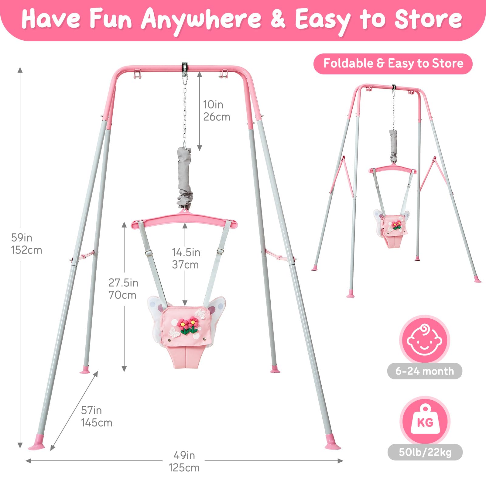 FUNLIO Baby-Hüpfsitz mit Ständer für 6–24 Monate, verstellbare Kette, Rosa Schmetterling