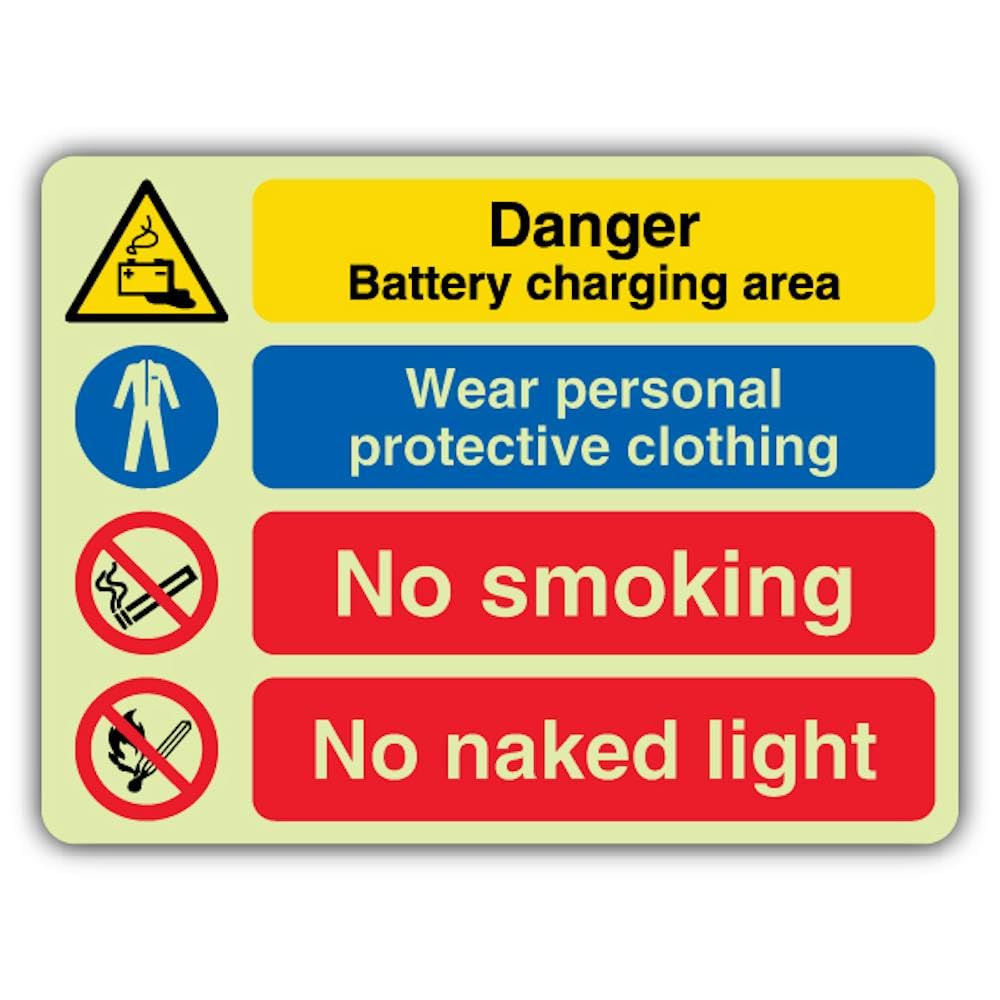 V Safety Glow In The Dark Danger Battery - Wear Ppe - No Smoking - Señal de luz desnuda - 800 x 600 mm - Hecho de plástico rígido de triple brillo - Señalización de advertencia de peligro - Fabricado