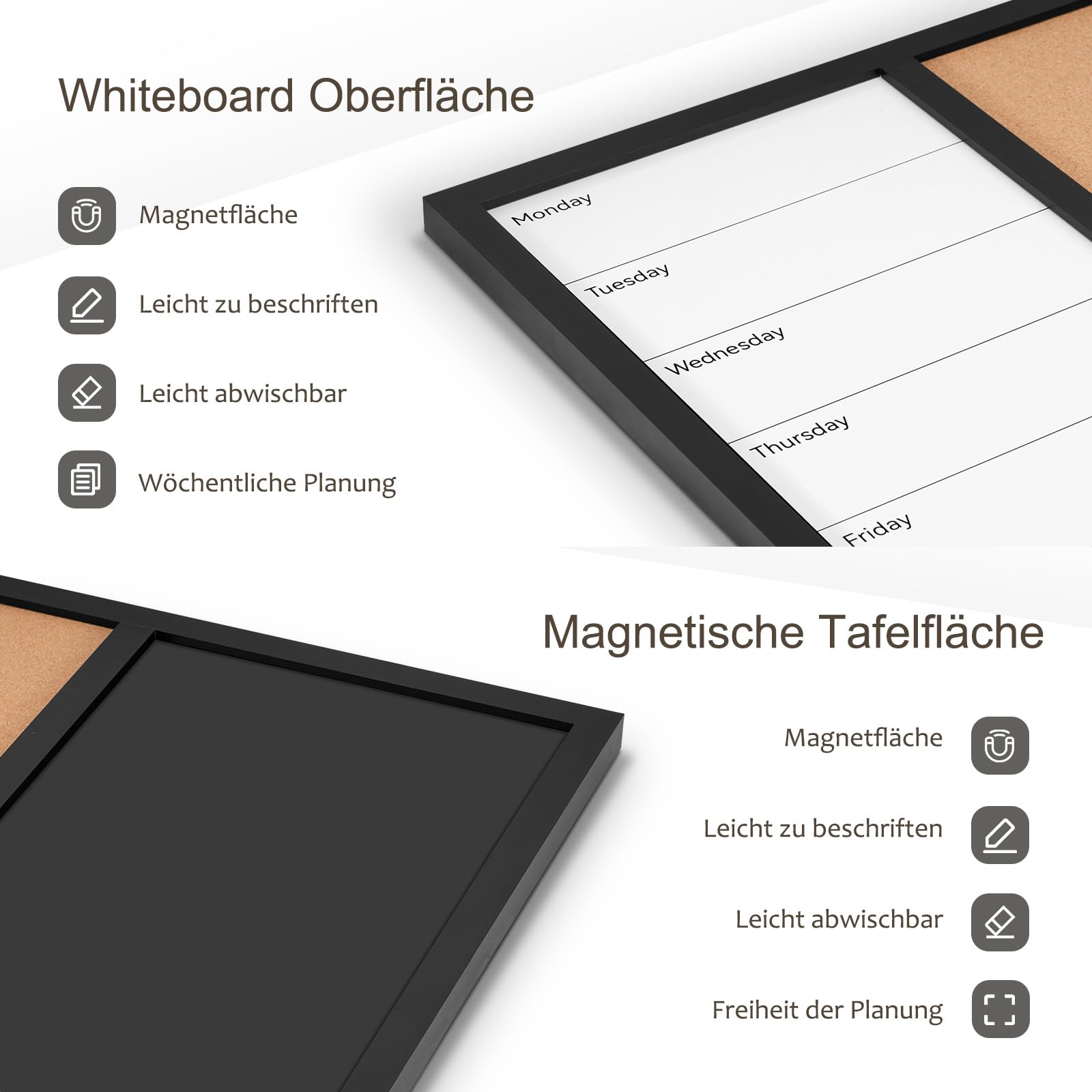 Kombitafel mit Magnetische Kreidetafel Whiteboard Kalender und Pinnwand Kork 50 x 70 cm Pinnwand Küche Magnettafel Memoboard