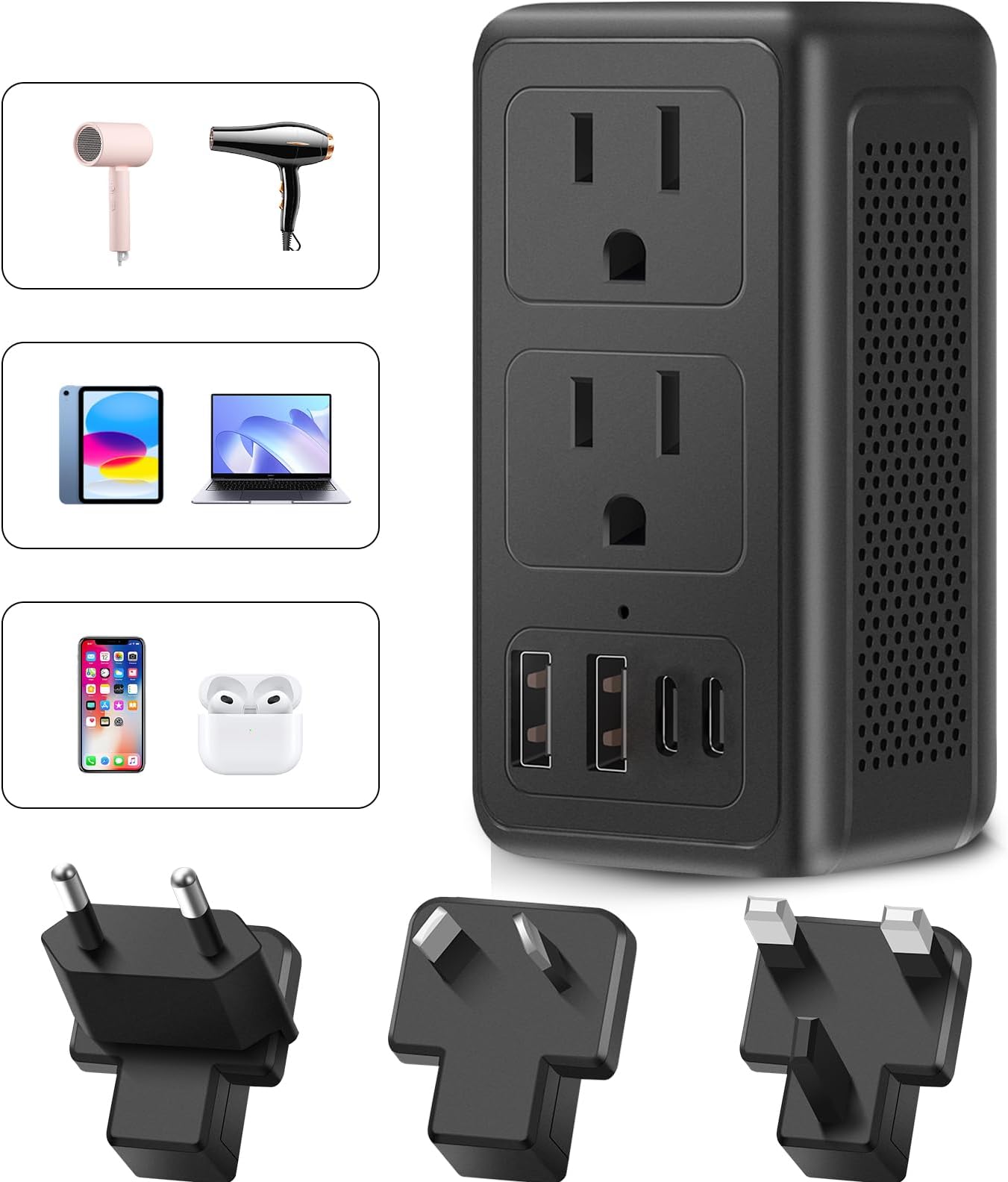 Upgraded 2000W 220V to 110V Voltage Converter US to Europe Travel Adapter for Hair Dryers International Universal Travel Adapter with 2 USB A and 2 USB C Power Converter Adapter Combo (2U2C) (2U2C)