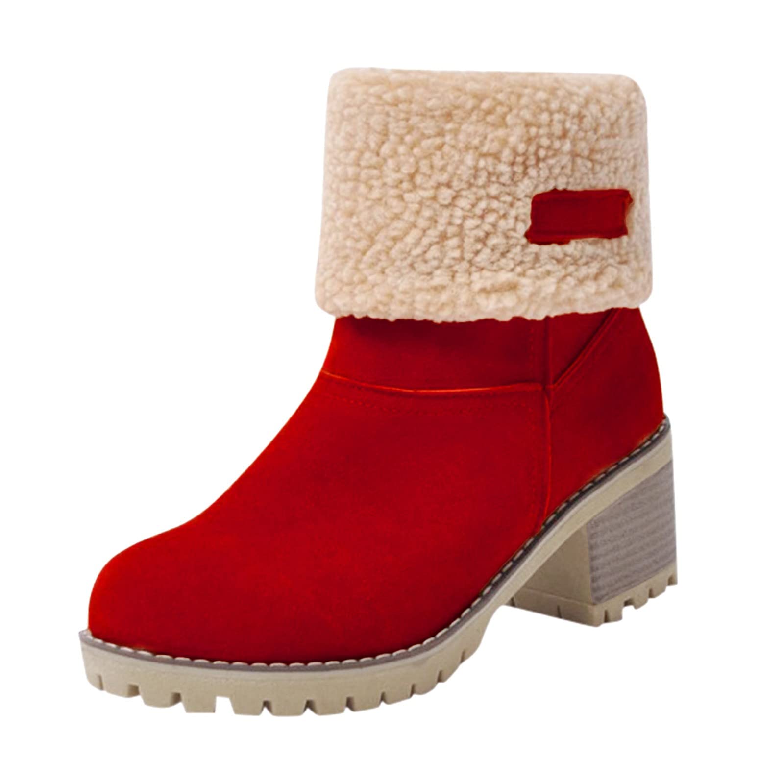 Winter Boots for Women Warm Comfortable Slip On Ankle Boots for Women Chunky Heel Suede Snow Boots Fur Lined Mid Calf Boots Outdoor Shoes