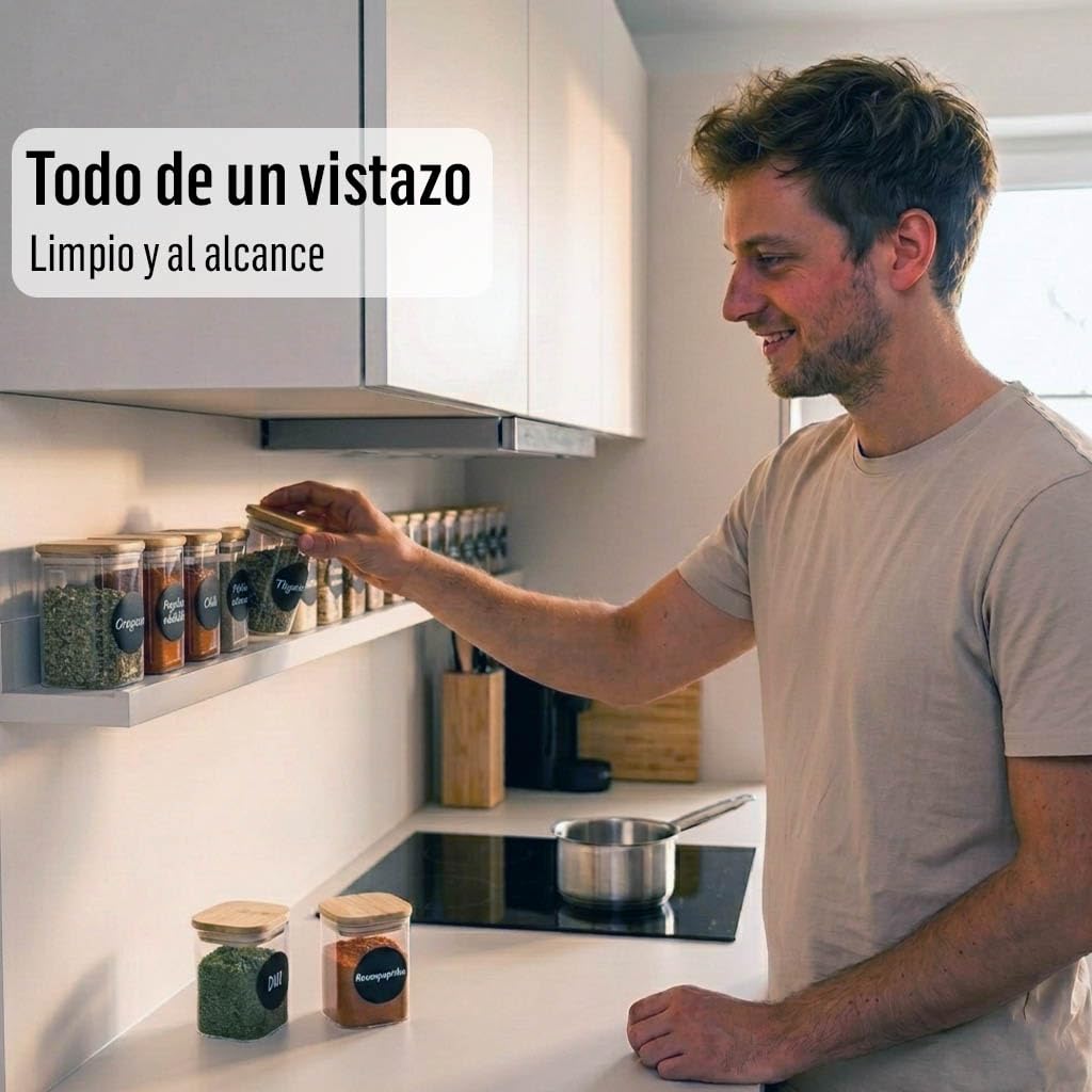 Deco haus® Juego de 20 tarros de especias rectangulares con etiquetas para especias, juego de tarros de especias con tapa de madera, para guardar especias, recipiente para especias