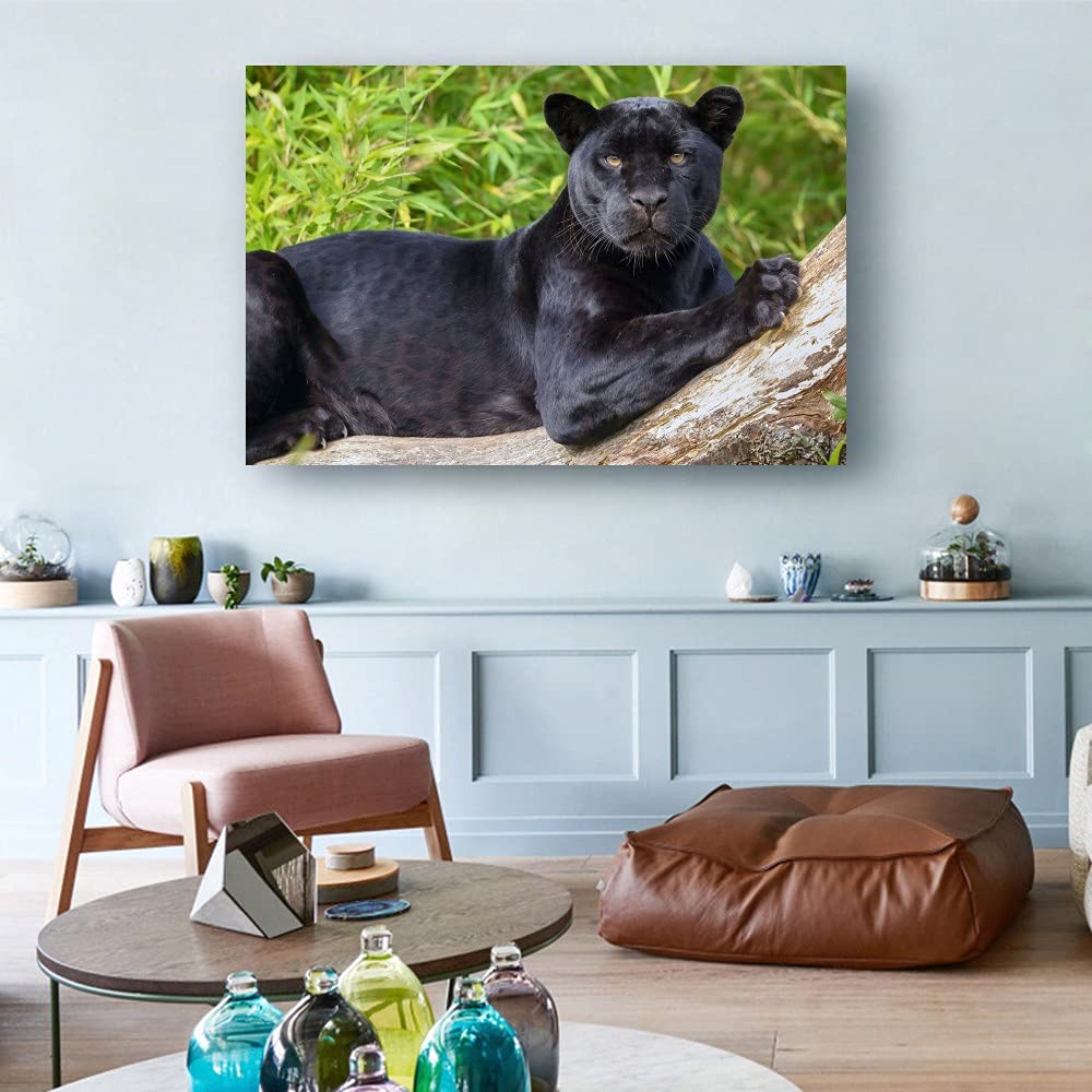Panther Print Fine Art Prints Stampa artistica su tela incorniciata con donna blu e gatto nero, stampa artistica su tela, immagini per pareti di casa, camera da letto, soggiorno e bagno, 76