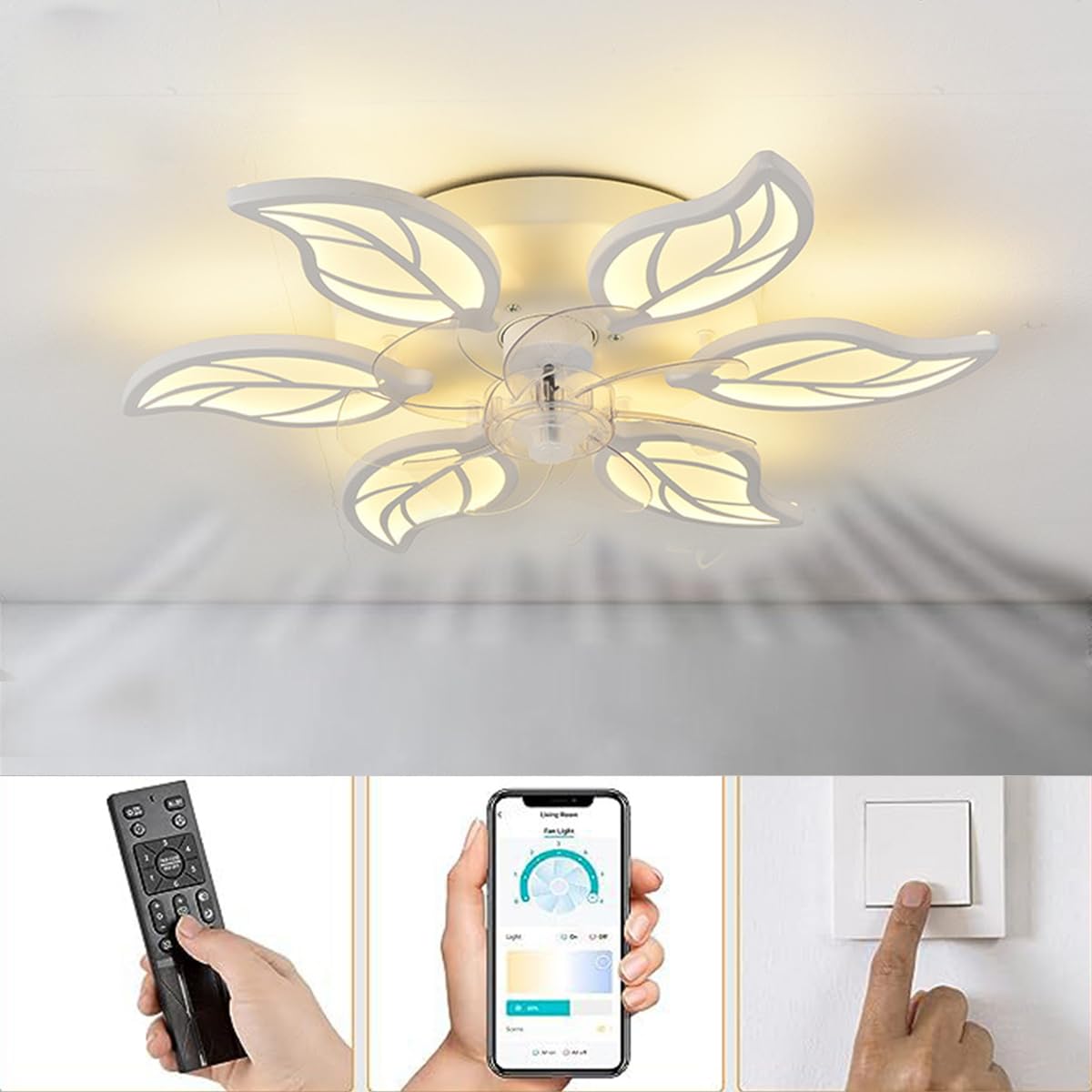 Lampadari, plafoniera a LED, Ventilatore a soffitto con Illuminazione, Bianco, Telecomando, Silenzioso, dimmerabile, 6 luci, Design per Soggiorno e Camera da Letto