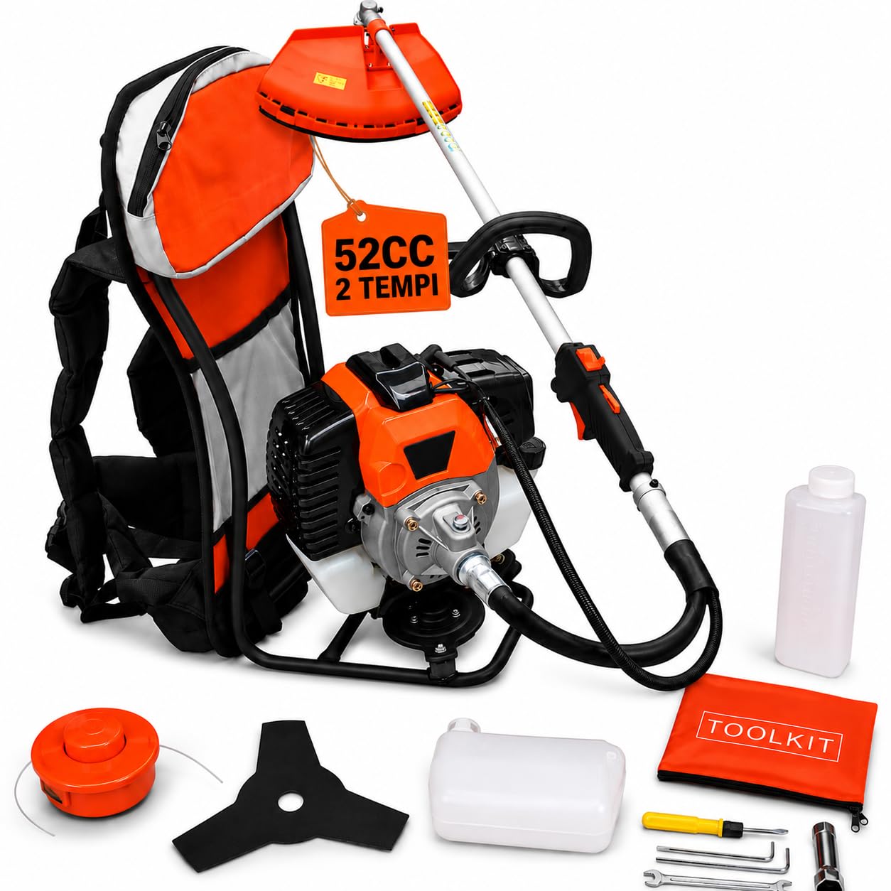 Decespugliatore a zaino con motore a scoppio multifunzione 2 in 1 52cc 2 tempi professionale con testina doppio filo da 2 mm e disco tre denti tagliasiepi e bordo per fai da te o professionisti