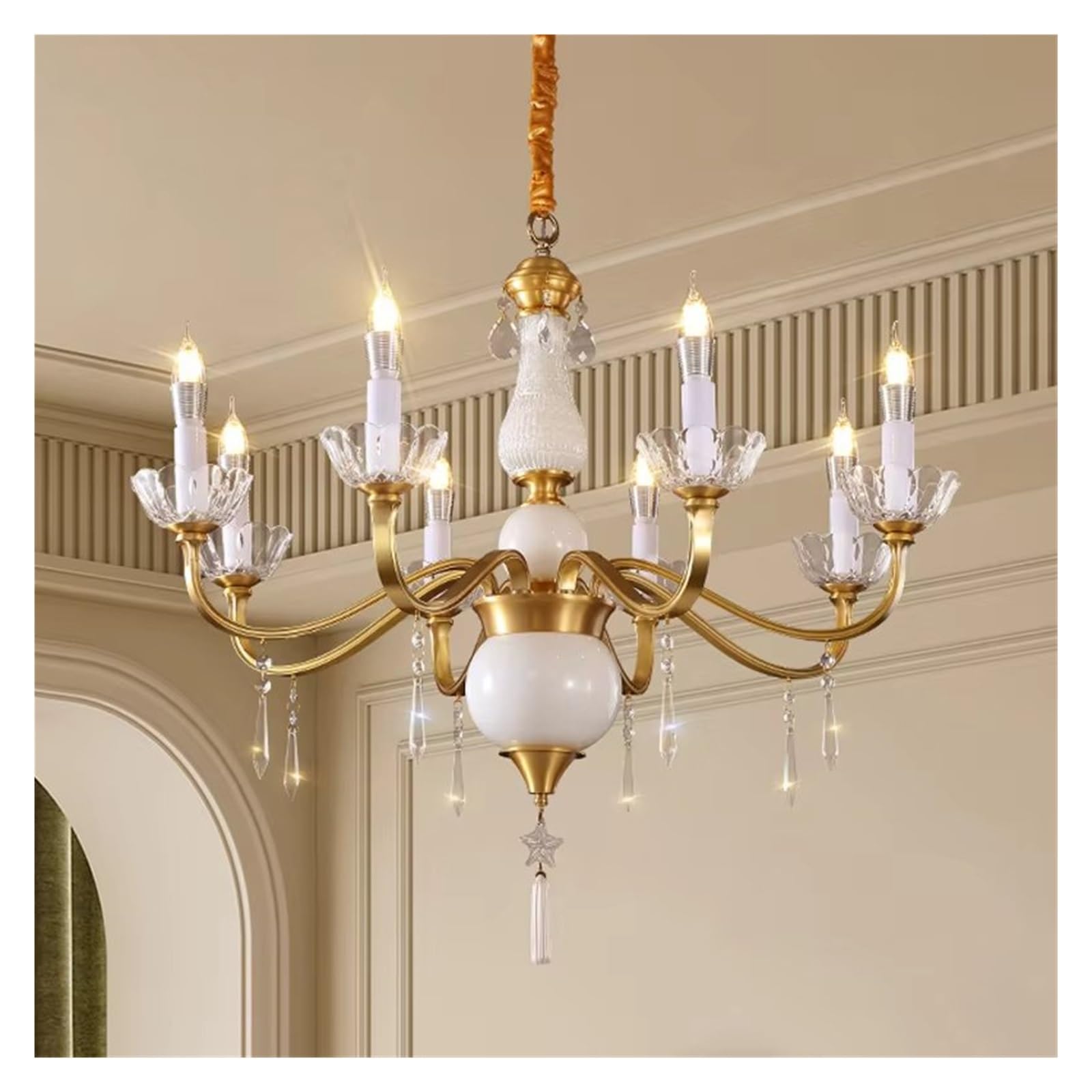 ZTCHSENZT Copper Chandelier Luxury Crystal Candle Chandelier Brass Ceiling Light Classical Hanging Lamps,Cold White-D80xH54CM