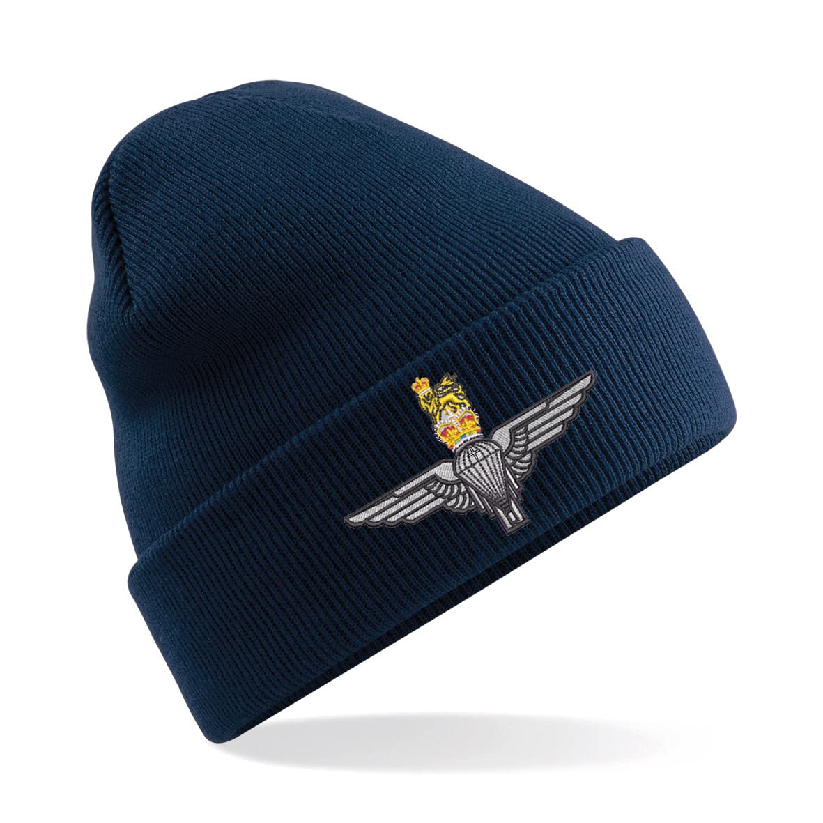 HiViz Kings Parachute Regiment Paratrooper Paras Badge Men's Beanie Hat Stay Warm and Cozy Embroidery British Army Insignia MOD (Acrylic, Navy)