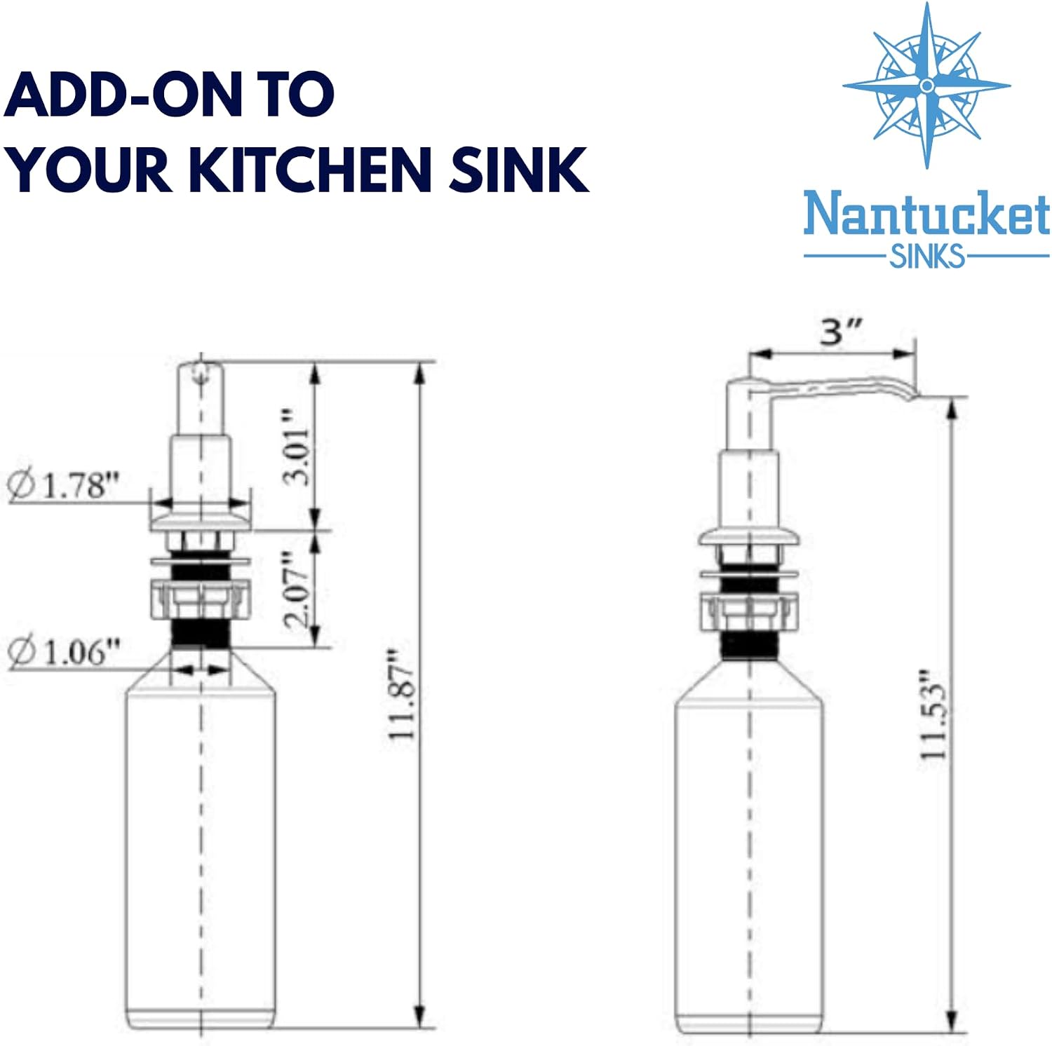 Nantucket Sinks Dish or Hand Soap Dispenser for Kitchen Sink – Brushed Nickel, with Pump, 16 oz PVC Reservoir for Liquid, Removable Head – Easy Refill, No Mess NSSD-BN