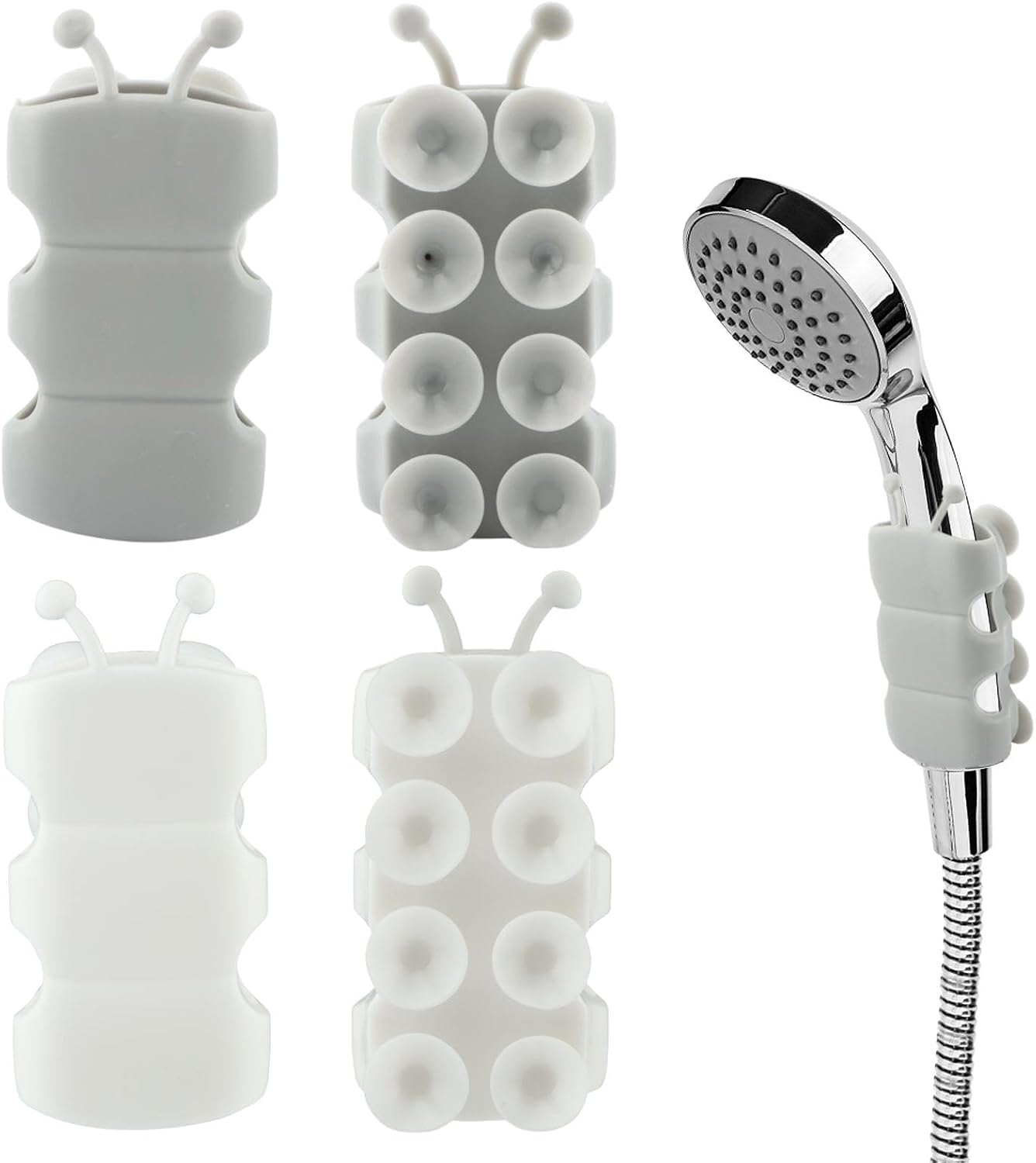 4pcs Silicone Shower Head Holder, Universal Relocatable Shower Head Suction Cup Holder, No-Drilling Fixed Seat Shower Holder Wall Mount Adjustable Shower Head Bracket for Bathroom