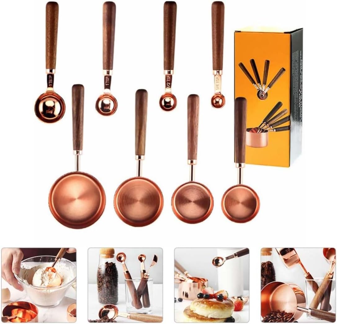 8pcs Measuring Spoon and Cup Set with Double Graduated Unit Values, Walnut and Stainless Steel Material, Easy to Use and Clean, for Kitchen and Baking Supplies