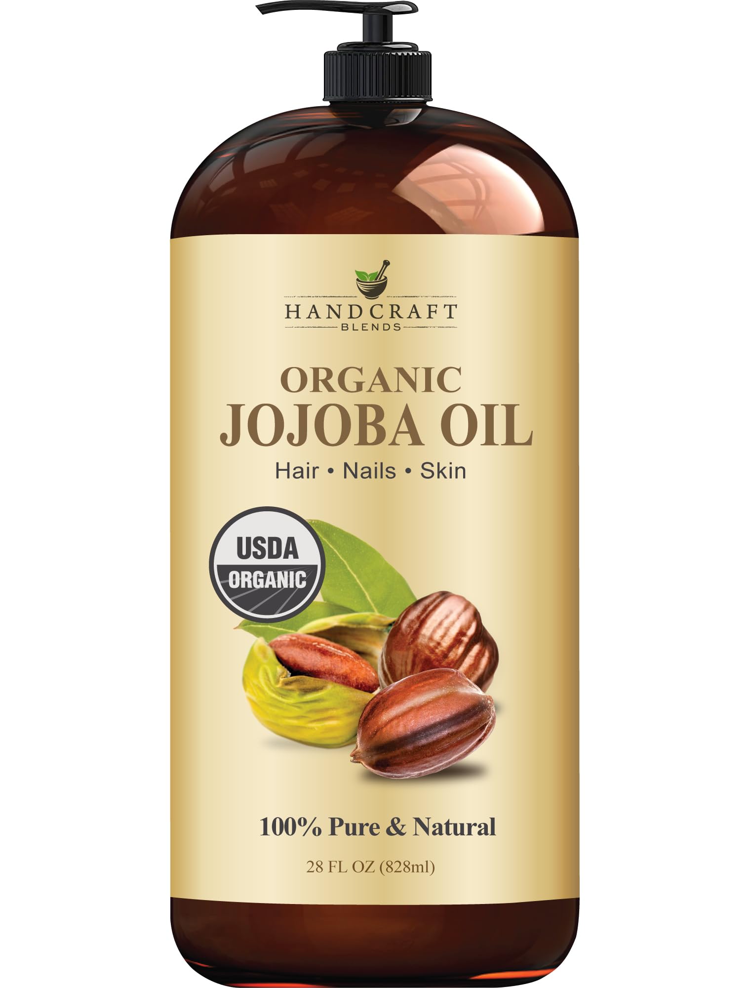 Handcraft Blends USDA Organic Jojoba Oil | Cold-Pressed | 28 Fl Oz | 100% Pure & Natural | for Hair, Skin & Face | Premium Grade Carrier Oil | for Massage & Aromatherapy | Hexane-Free