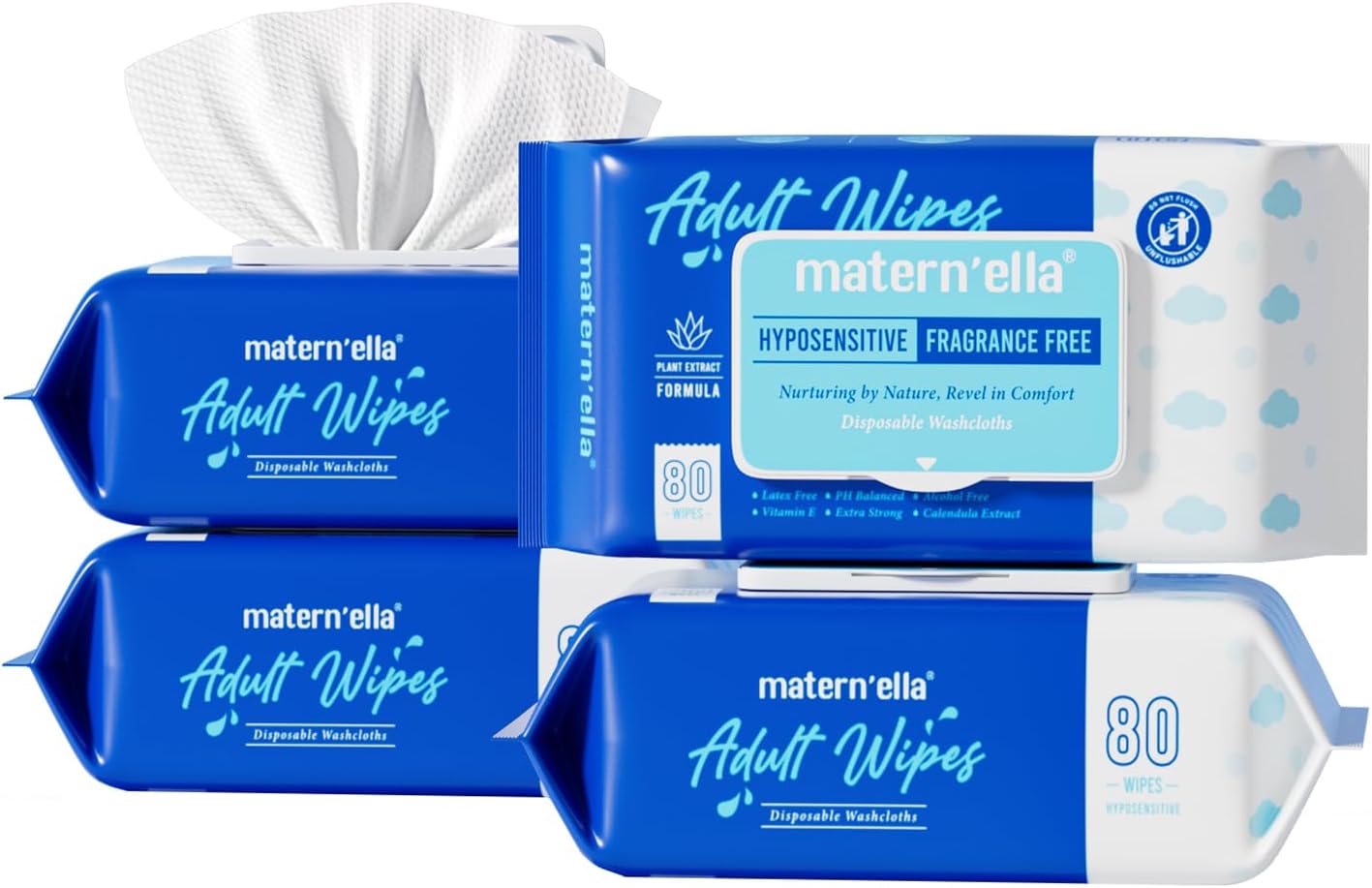 Adult Wet Wipes, Cleansing Wash Cloths for Elderly Care, 99% Pure Water for Incontinence, Personal Bath, Alcohol-Free, 4 Flip-Top Packs(320 Wipes Total)