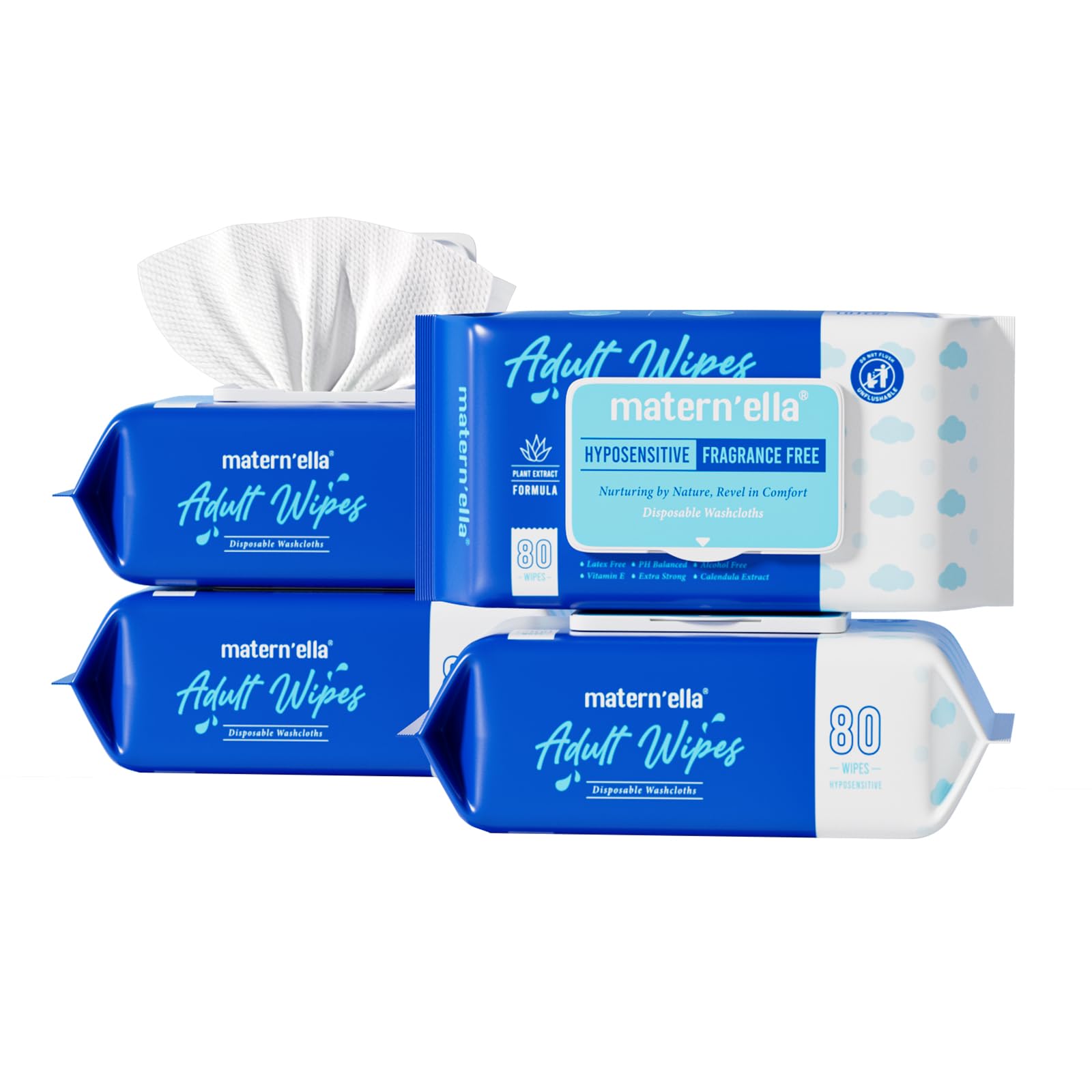 Adult Wet Wipes, Cleansing Wash Cloths for Elderly Care, 99% Pure Water for Incontinence, Personal Bath, Alcohol-Free, 4 Flip-Top Packs(320 Wipes Total)