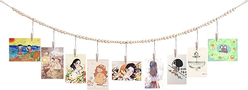 Expositor de fotos para colgar en la pared con guirnalda de cuentas de madera, marco de fotos para decoración de pared bohemia, soportes para fotos