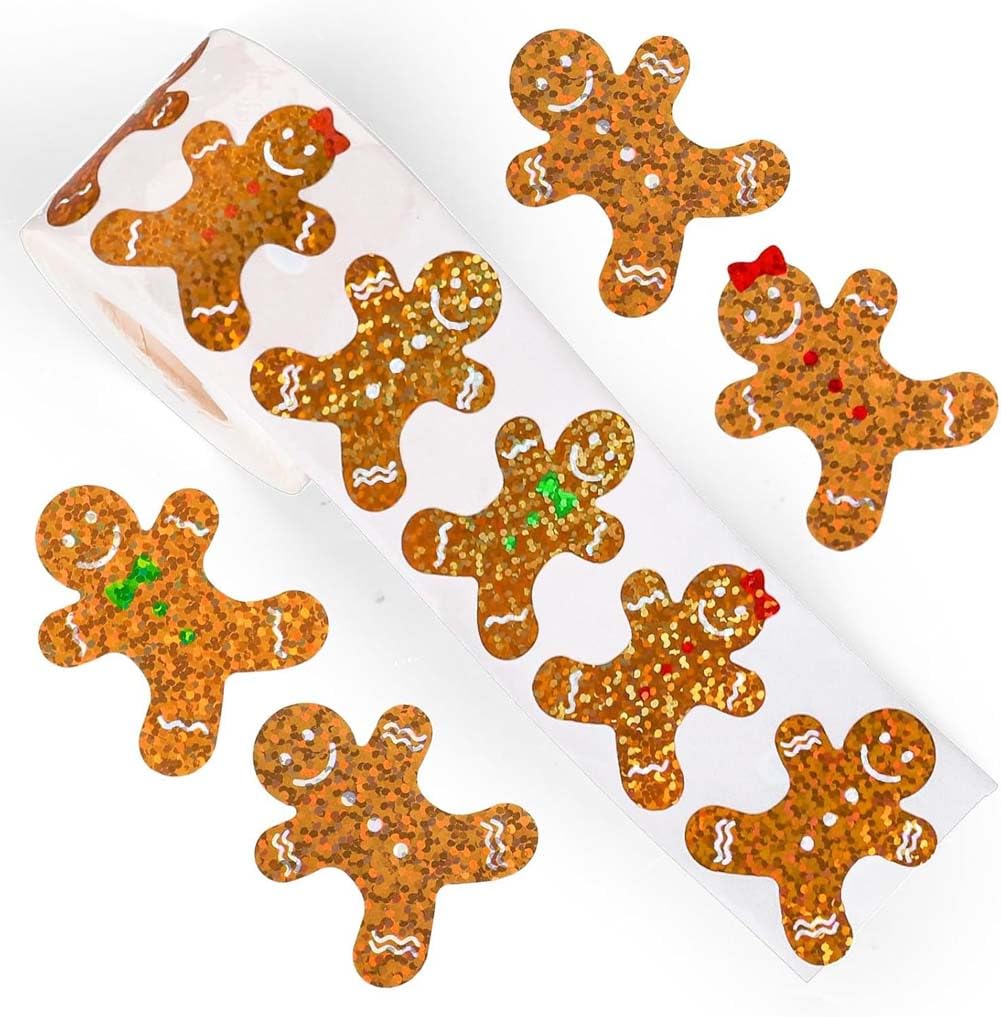 Nt-Ling Gingerbread Man Christmas Stickers Roll, Light Bulb Seal Stickers Colorful Xmas Decal Waterproof Self-Adhesive Decoration Roll For Envelope Crafts Journal Party Supplies,500Pcs (Gingerbread Man)