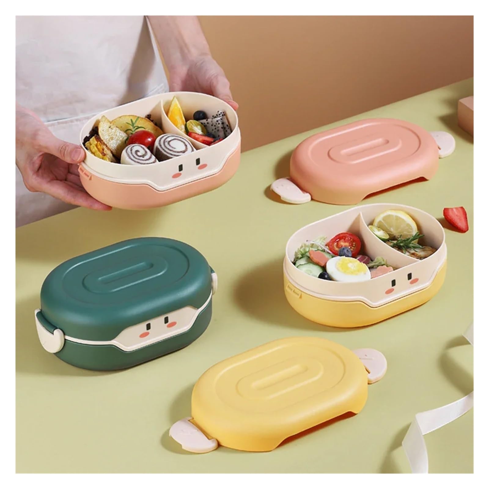 Cartoon 3 Partition Plastic Kids Lunch Box Leak-Proof Children Bento Box Student Food Container Microwave Kawaii Lunchbox(Pink)