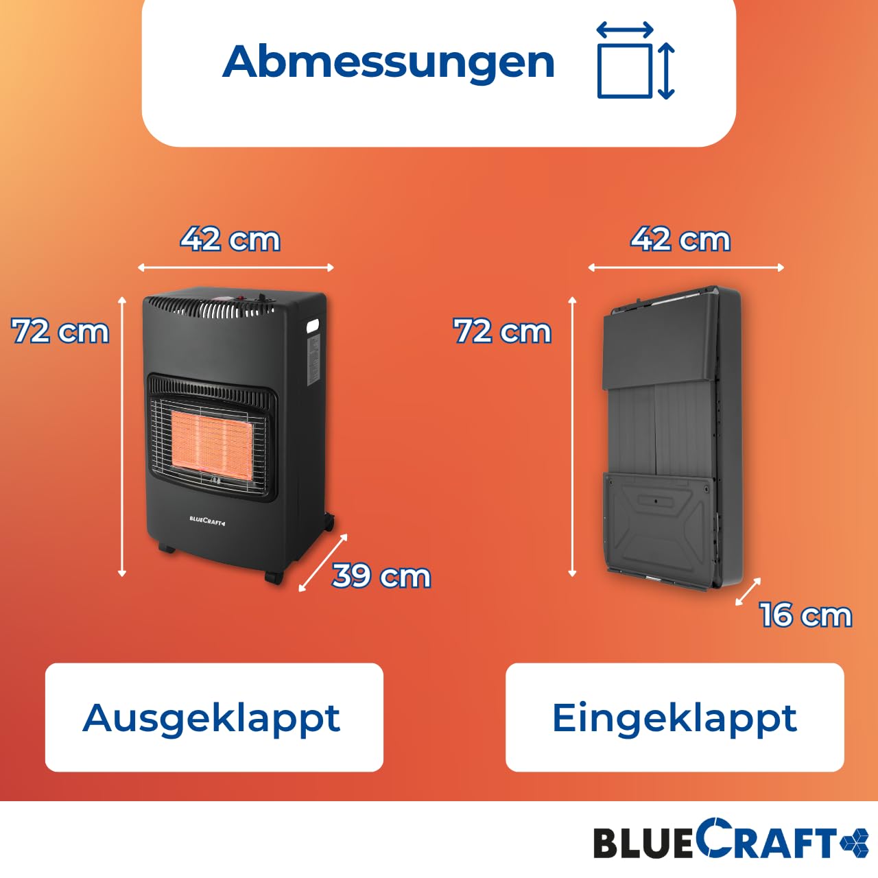 Bluecraft Heizofen Gas 4,2 kW + Druckregler Gasschlauch Gasregler Schlüssel | Gasheizofen für Innenräume, Infrarot Heizstrahler, Gasheizer, Notofen, Camping Heizung, Notheizung für Gasflasche 5kg 11kg