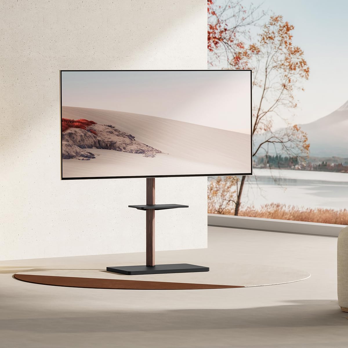 my wall Supporto per TV regolabile in altezza, HP119L, Porta TV da Parete con Mensola, Design in Legno, con Ripiano per Accessori, Inclinabile, Supporto VESA con Gestione dei Cavi